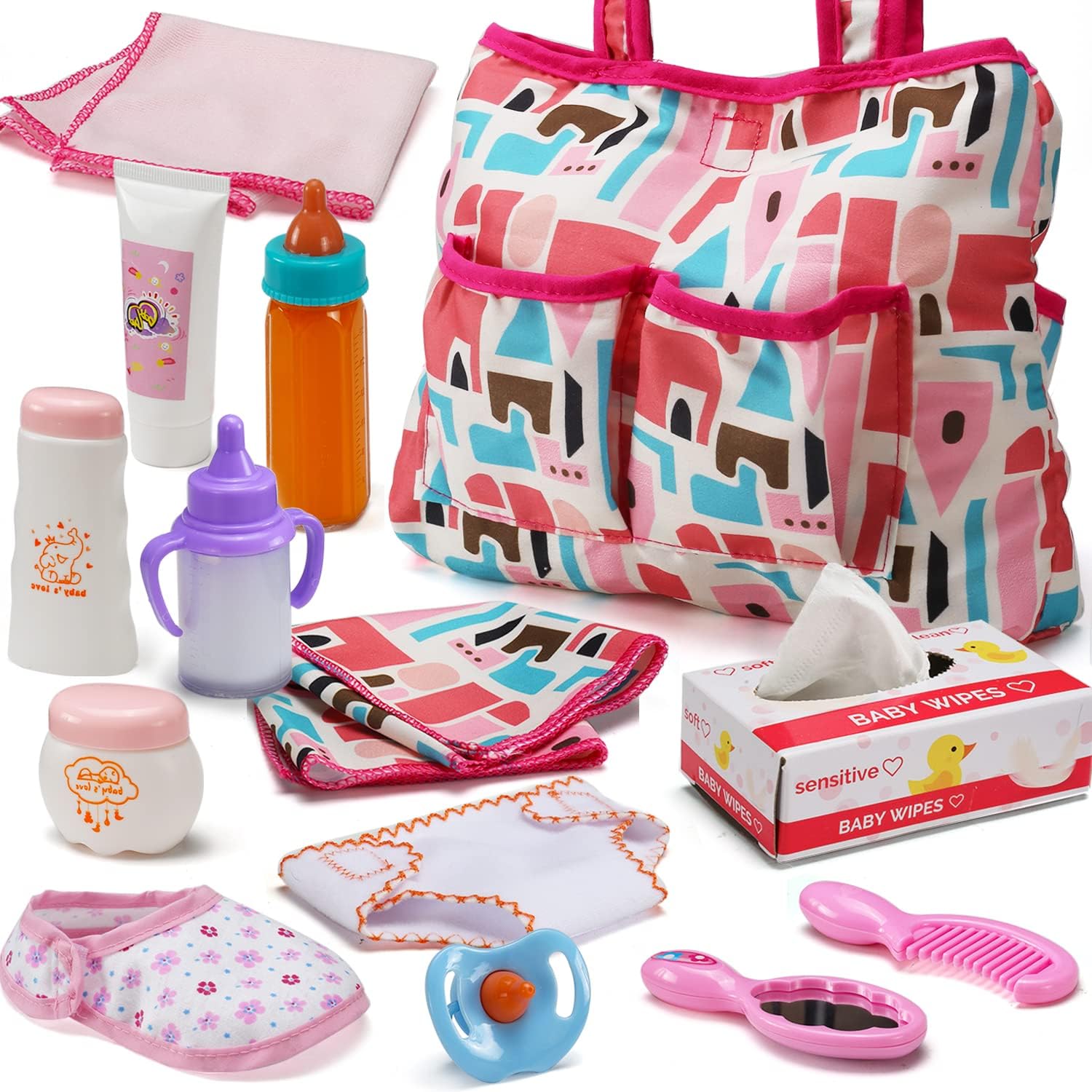 13 Pack Baby Accessories - Baby Doll Feeding and Caring Toys Set Includes Diaper Bag, Doll Diapers, Magic Bottle, Mat for Girl Toddler Kid, Babies Pretend Play Set for Birthday Gift Christmas