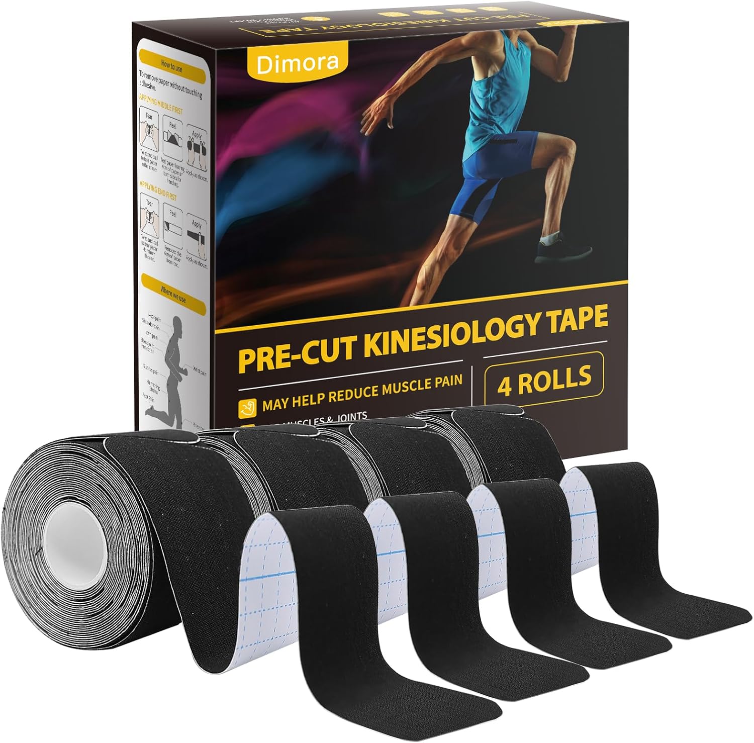 Dimora Kinesiology Tape, 80 Count Precut Strips 4 Rolls, Original Cotton, 10” Elastic Athletic Tape for Muscle Pain Relief and Joint Support, Black