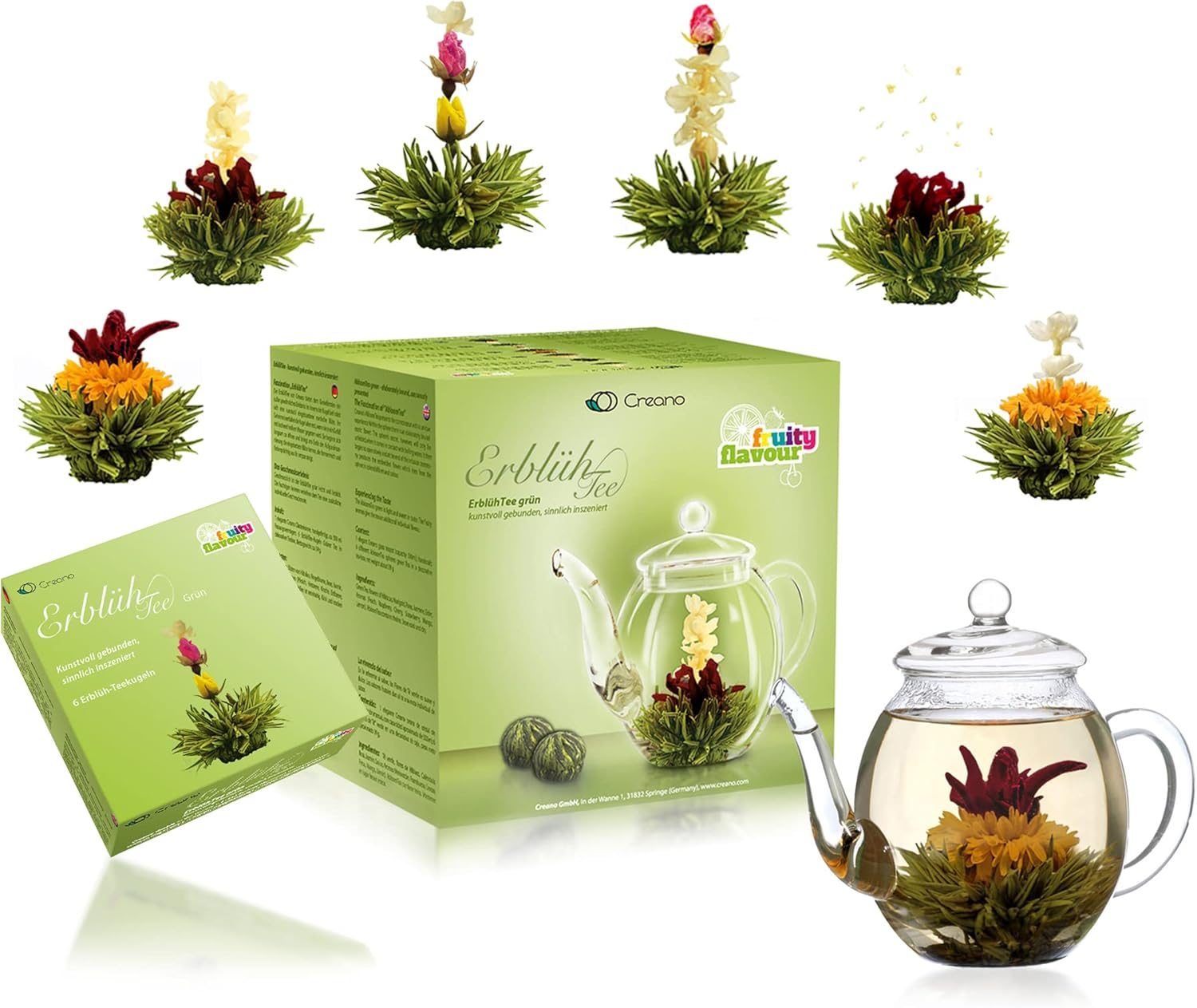 Creano Blooming Tea Gift Set – Flowering-Tea Giftset with 500 ml Glass-Teapot and 6 Tea Flowers - Green Tea