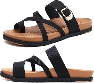 KuaiLu Womens Orthotic Slides Fashion Strappy Flat Sandals With Comfortable Plantar Fasciitis Arch Support Summer Adjustable Braided Open Toe Cushion Womans Dressy Sandals Size5-11