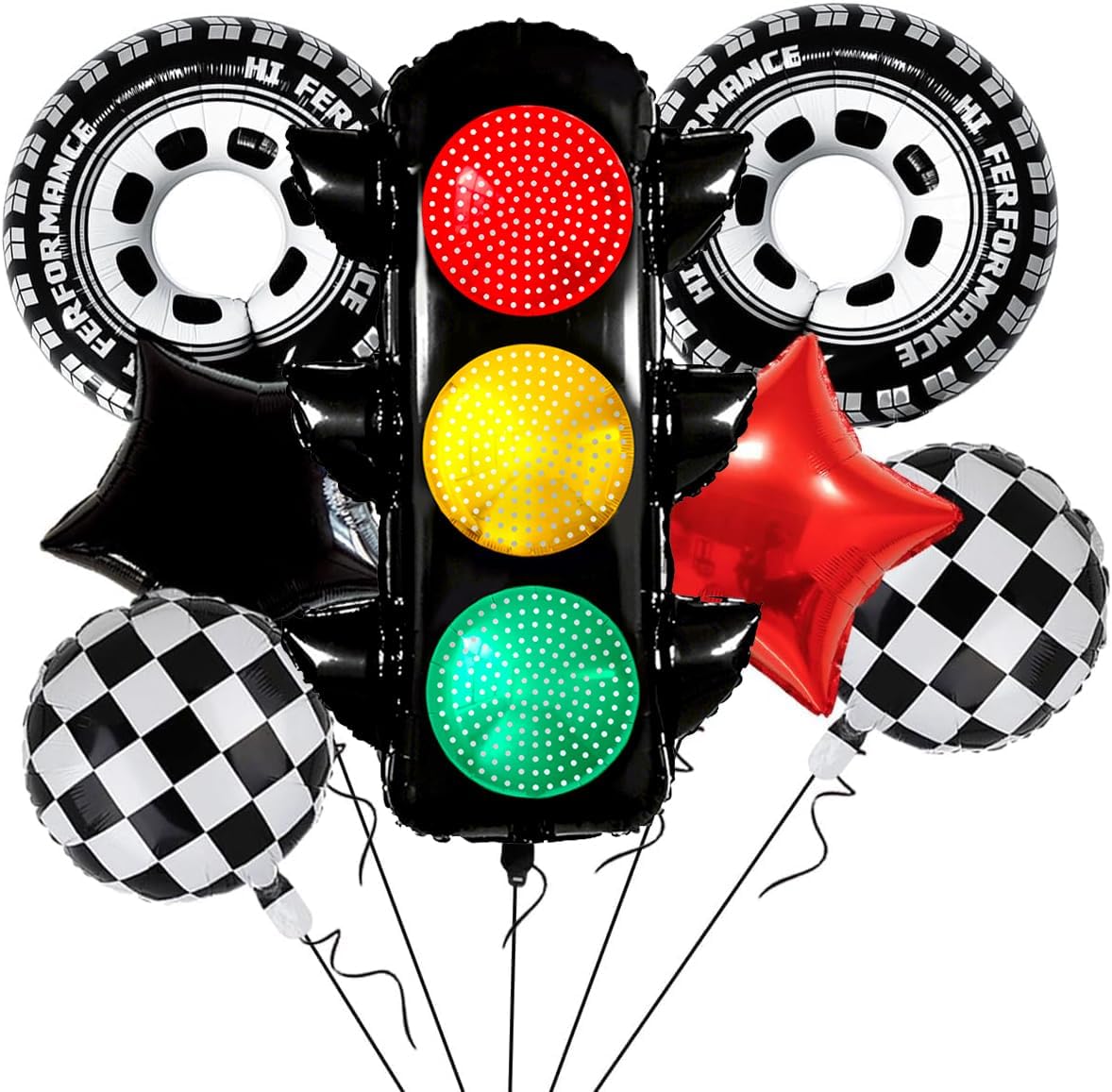 7Pcs Race Car Party Balloon Set, Traffic Light, Checkered Balloons, Tire Balloons, Race Car Themed Fast One Two Fast Birthday Party Decorations