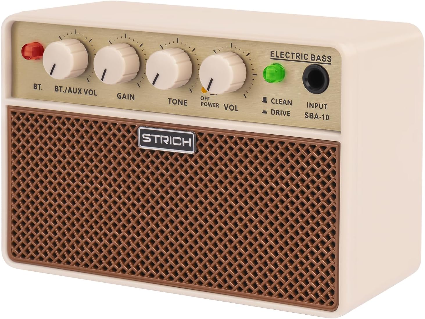 STRICH SBA-10 Electric Bass Amp, 2 x 5 W Compact Portable Wireless Amplifier Dual Channel, Clean Drive Switch, Rechargeable Electric Bass Amp with 1/8 Headphone Output for Beginner, Practice, Brown