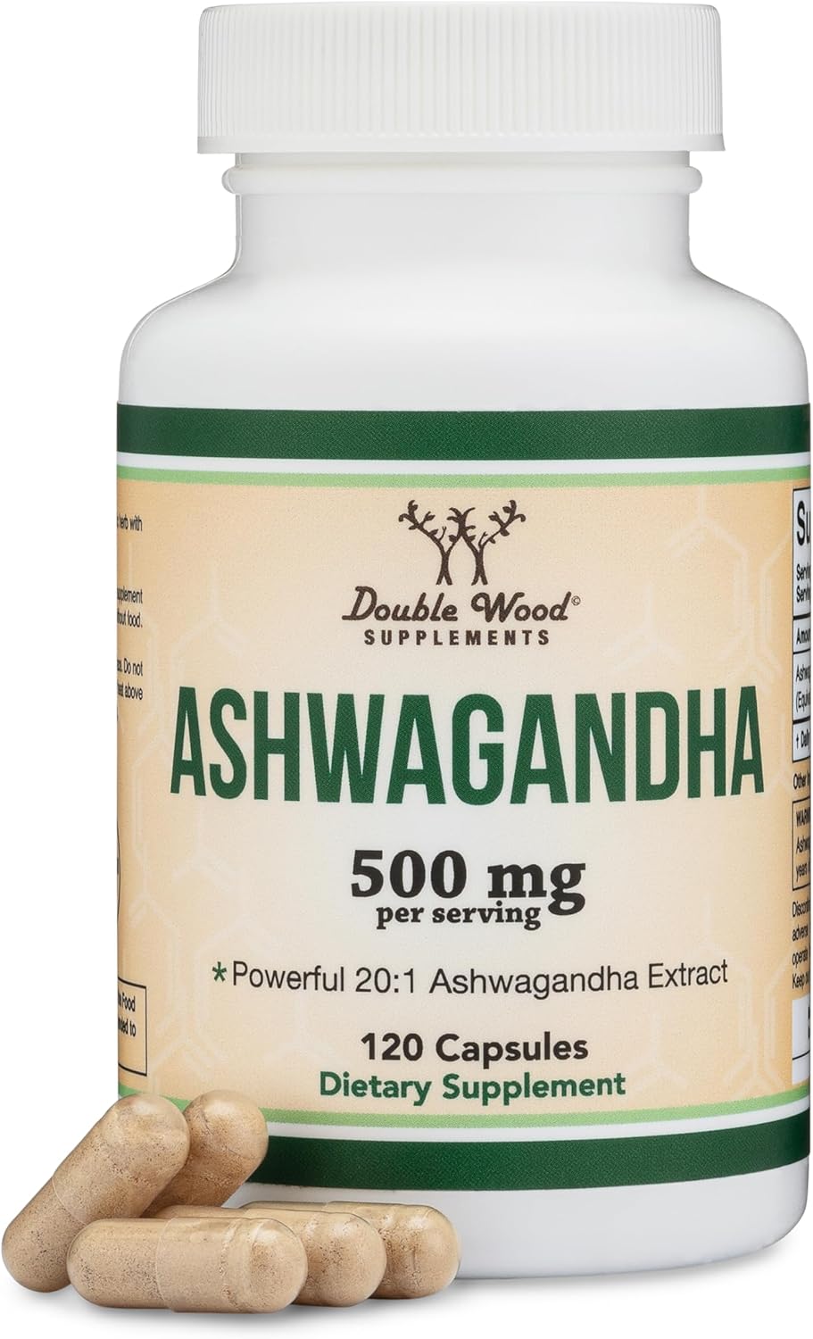 Ashwagandha Capsules, 120 Count (500mg Extract 20:1 Potency, Equivalent to 10,000mg Powder) Adaptogen Stress Relief by Double Wood