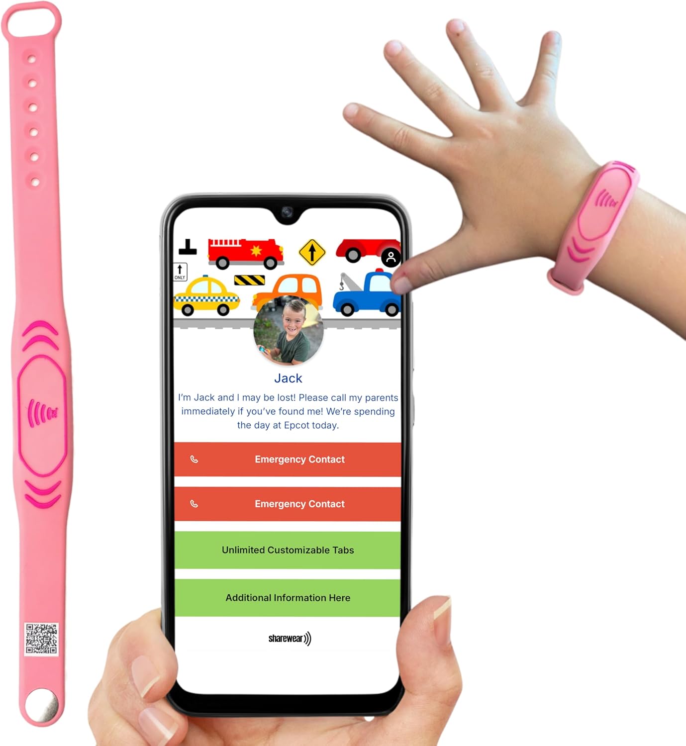 Smart Bands for Kids if Lost, Child Safety ID Wristband, NFC Bracelet for Children, Smart Medical ID Band, Lost Kids ID Bracelet, Disney Essentials for Kids, QR Identification (Pink)