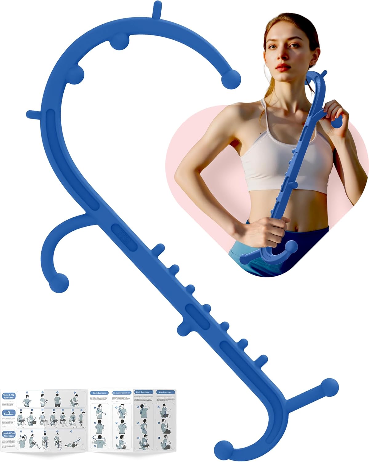 Back and Neck Massager for Pain Relief Deep Tissue, Upgraded Full Body Trigger Point Cane Massage Tools, Massage Stick Pressure Point Hook, Muscle Knot Remover Tool (Blue)