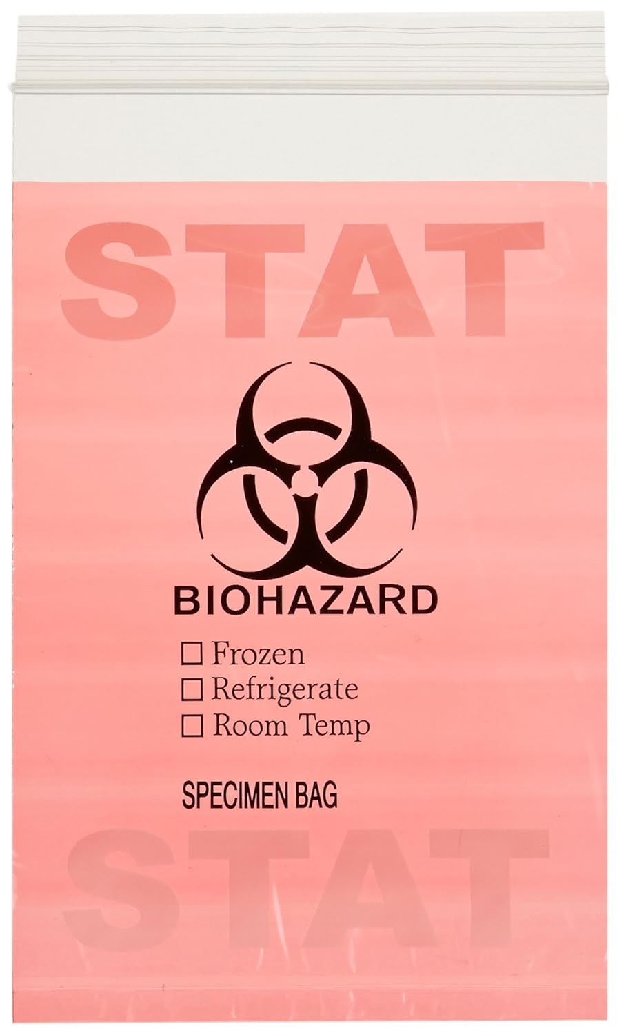 Globe Scientific 4950A Polyethylene STAT Specimen Transport Bag with Score Line and Zipper Closure, Red Tint, 6" Width, 9" Length (Case of 1000)