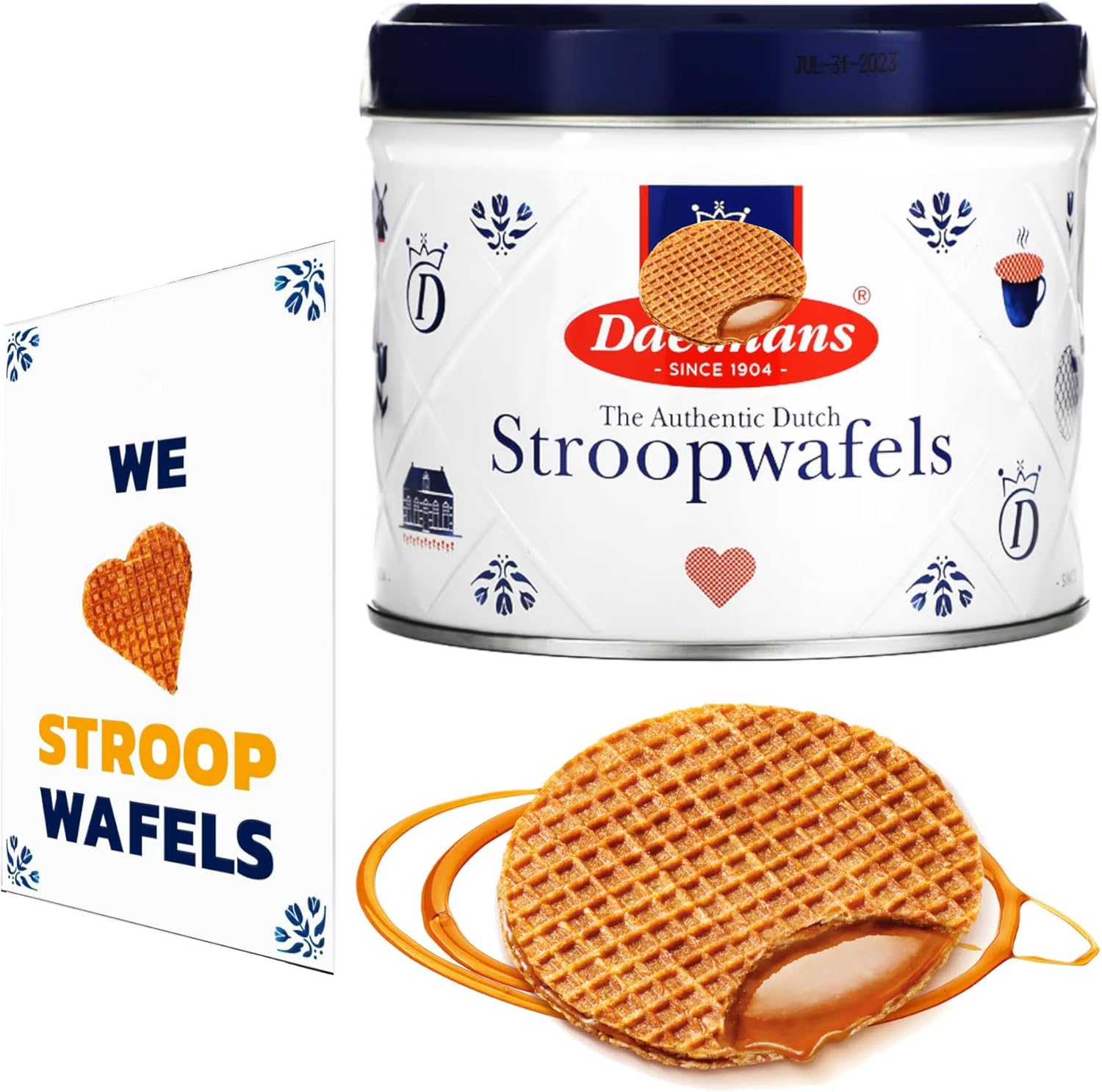 Traditional Dutch Stroopwafel Gift Tin - Containing Caramel Stroopwafel Tin 230g Bundled with "We Love StroopWafel Card" - Perfect Complement for Coffee Tea or Hot Chocolate. Great Gift Idea