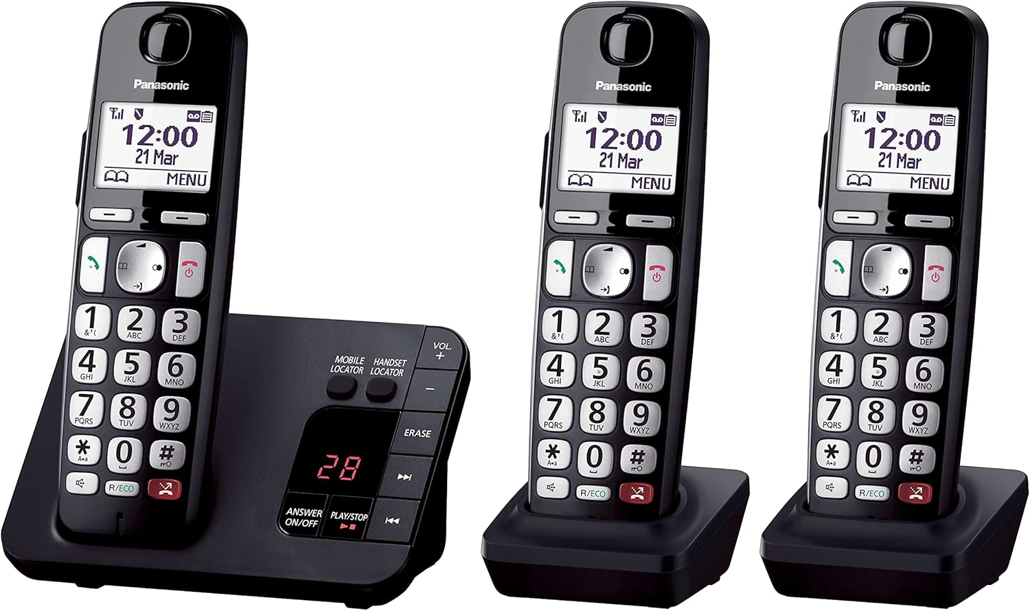 Panasonic KX-TGE823EB Digital Cordless Phone About 40 minutes Answering Machine with Nuisance Call Block and Dedicated Key, Amplified Sound Triple Black