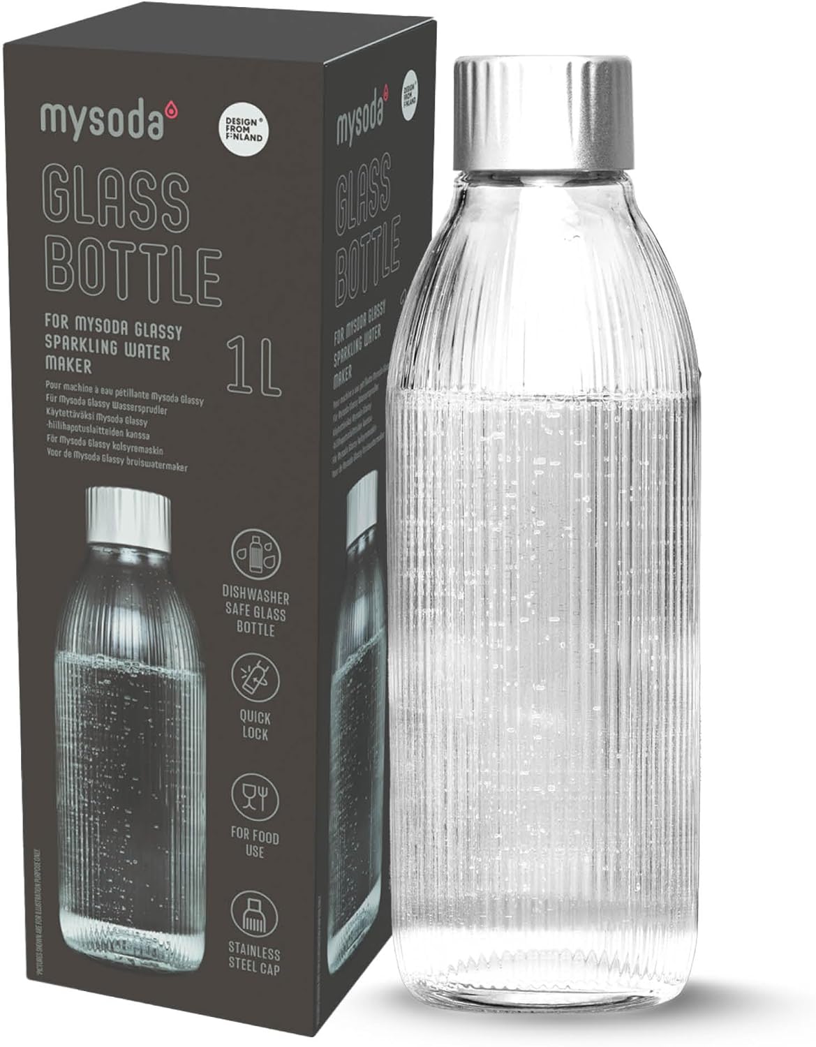 Glass Carbonating Bottle 1L Silver - Compatible Only With MySoda Glassy Sparkling Water Maker - Quick-Lock Reusable Bottle - Lid and Base Made of Aluminium - BPA Free