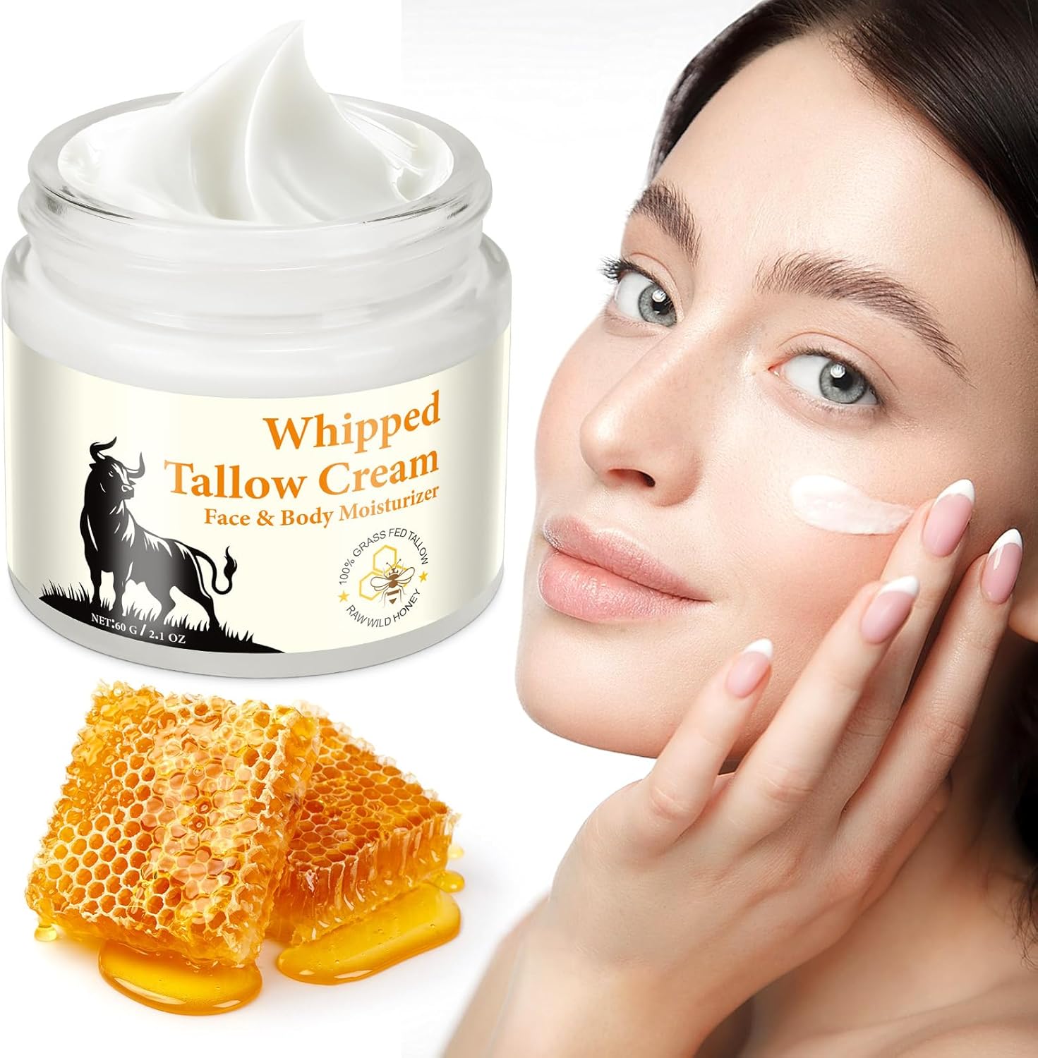 Beef Tallow for Skin, Beef Tallow and Honey Balm for Face, Natural Beef Tallow Moisturizer, Hydrating Tallow Balm with Raw Honey, Grass-Fed Whipped Beef Tallow for Skin Care (60g)