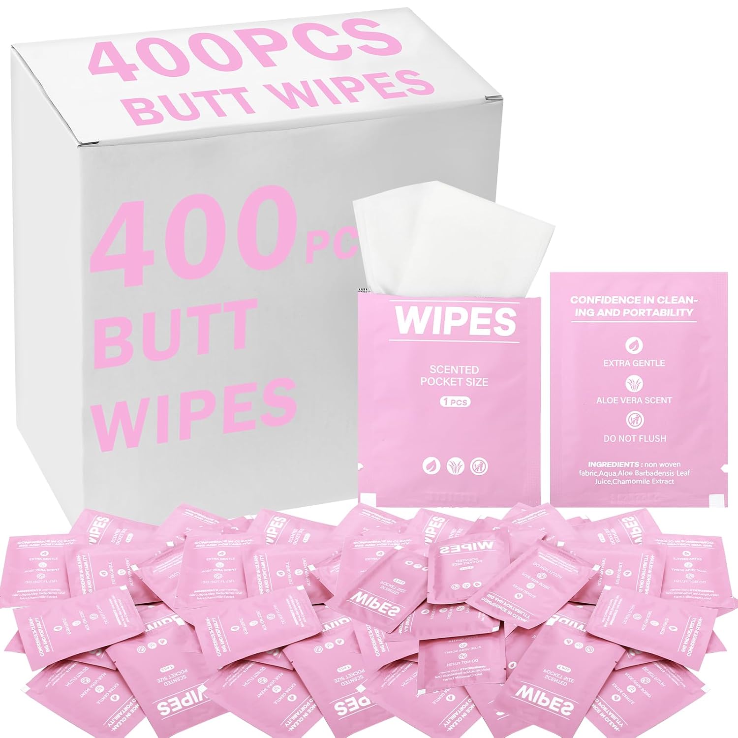 400 Pcs Butt Wet Wipes for Women Individually Wrapped Wipes for Women Man Travel Hand Face Body Cleaning Adults Bathroom Toilet Daily Use(Pink)