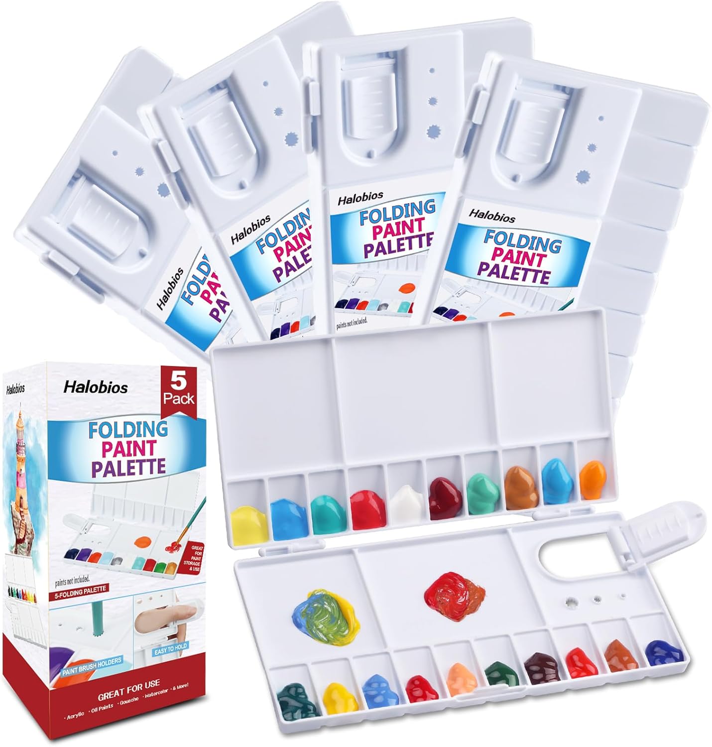 5 Pack Watercolor Palette with 20-Well and 5 Mixing Areas, Folding Paint Tray with Lid, Plastic Painting Palette for Kids, Beginners, Artists