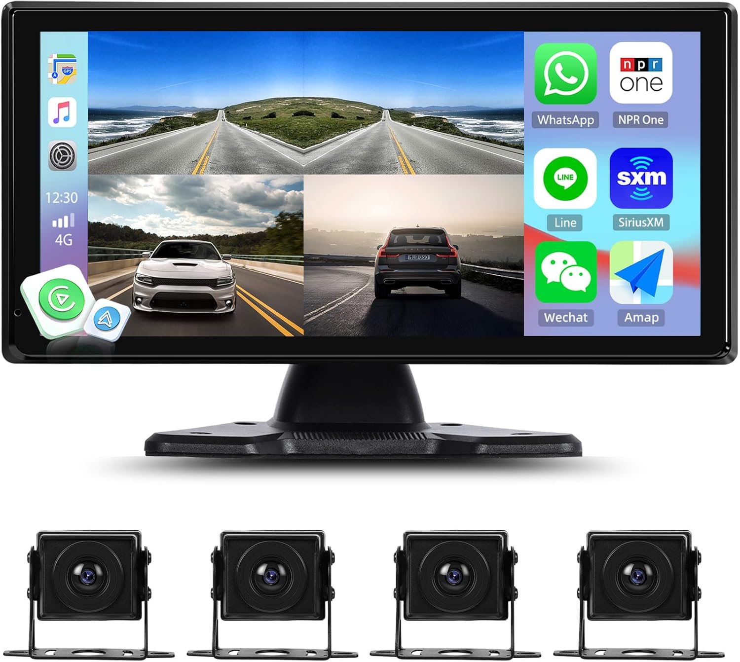1080P Backup Camera System Kit with Carplay&Android Auto,10.36 Inch Reversing Monitor with Record Function Night Vision DVR Monitor+Waterproof Reverse/Side View Camera for RV/Semi Box Truck(12-36V)