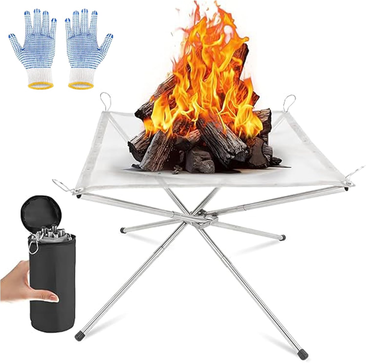 Portable Fire Pit for Camping, Outdoor Foldable Firepit Fireplace with Heat Resistant Gloves & Carrying Bag, Stainless Steel Mesh BBQ Fire Bowl for Picnics, Bonfire, Patio, Backyard, Garden