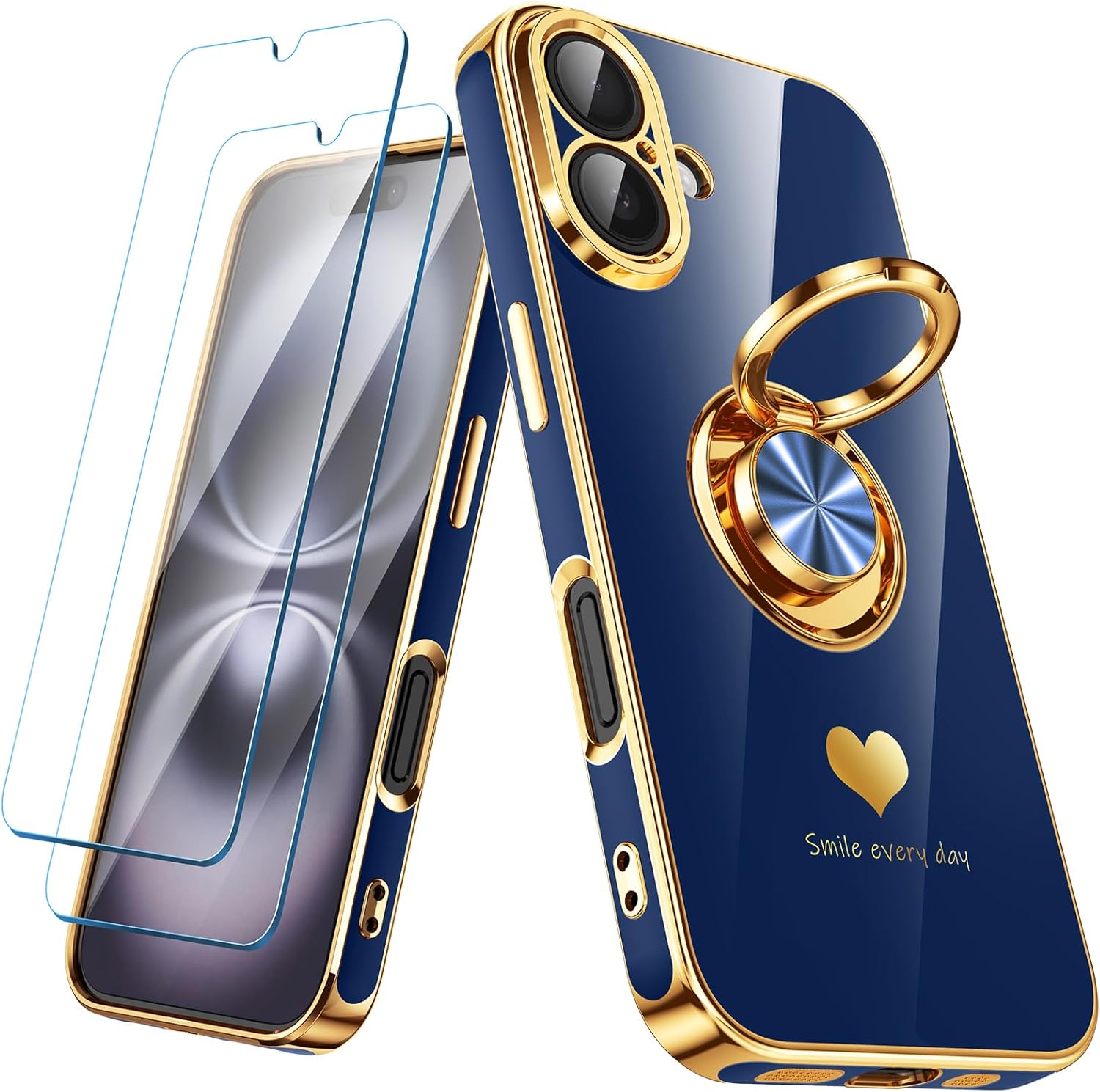 Nonional Compatible for iPhone 16 Case with 2 Pack Screen Protector, 360° Rotatable Ring Holder [Luxury Hearts Pattern] Plating Gold Edge Slim Soft Phone Cover Case for iPhone 16 - Blue