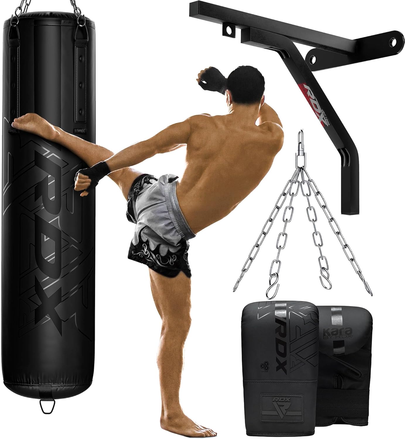 RDX Heavy 5FT Punch Bag Pro Training Filled and Unfilled 2PC 3PC & 4PC with 50KG Max Filling Capacity, Boxing Bag Set with Gloves, Bracket, Hanging Steel Chain, MMA Kickboxing Muay Thai BJJ Home Gym