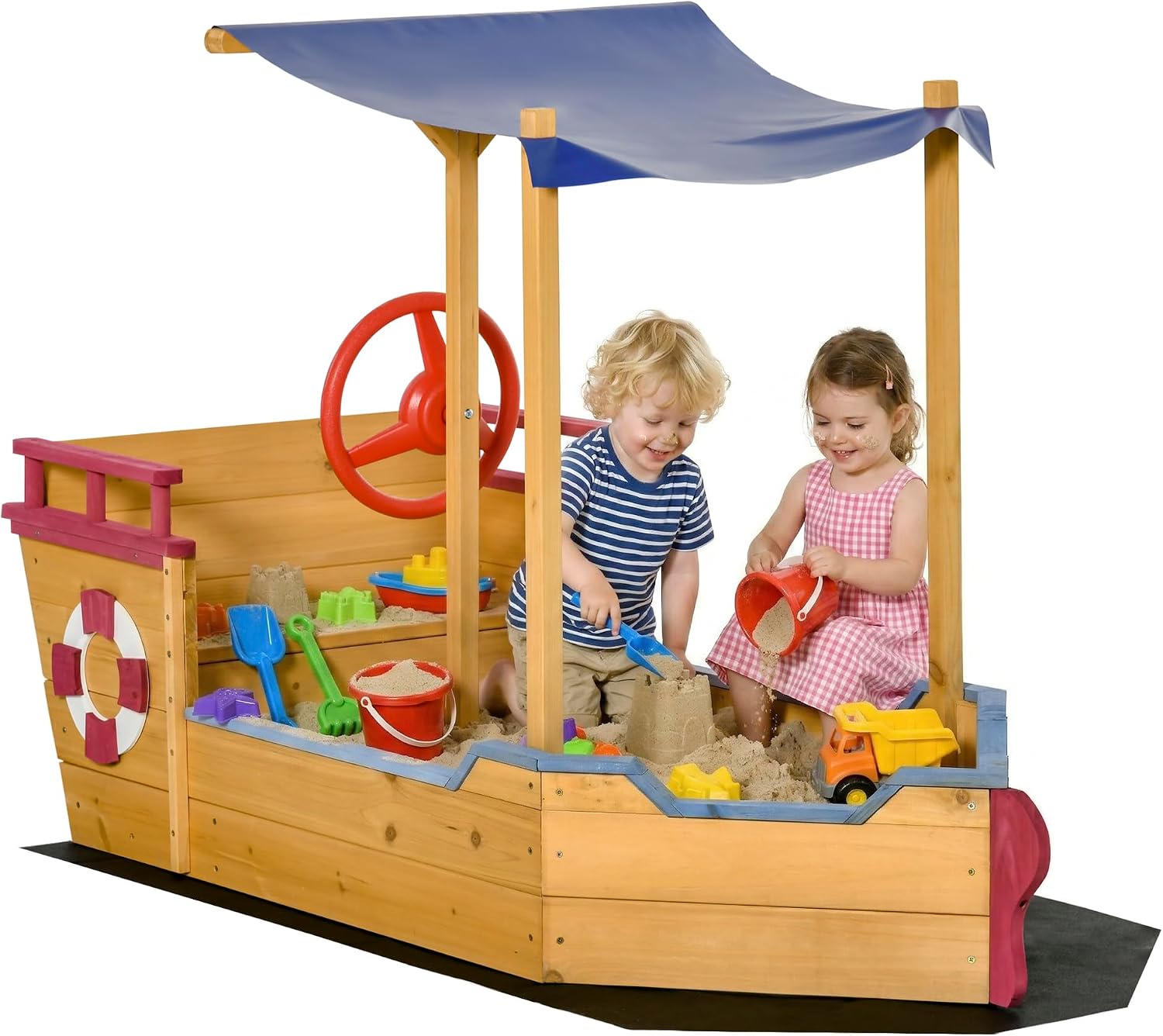 Outsunny Wooden Kids Sandbox Ship-Shape Outdoor Sandboat Orange