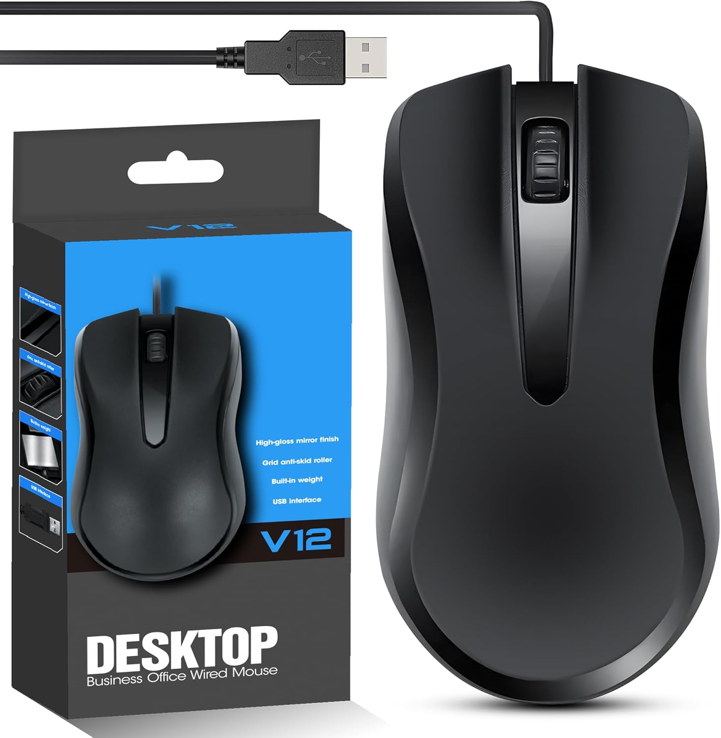 USB Wired Mouse 3.0, USB Mouse for Laptop and PC With 1.28M Cable, 1000 DPI Optical Computer M ouse Wired, 3-Button with Scroll Wheel, Corded Ambidextrous Mous e for Ma c, Laptop, Desktop – Black