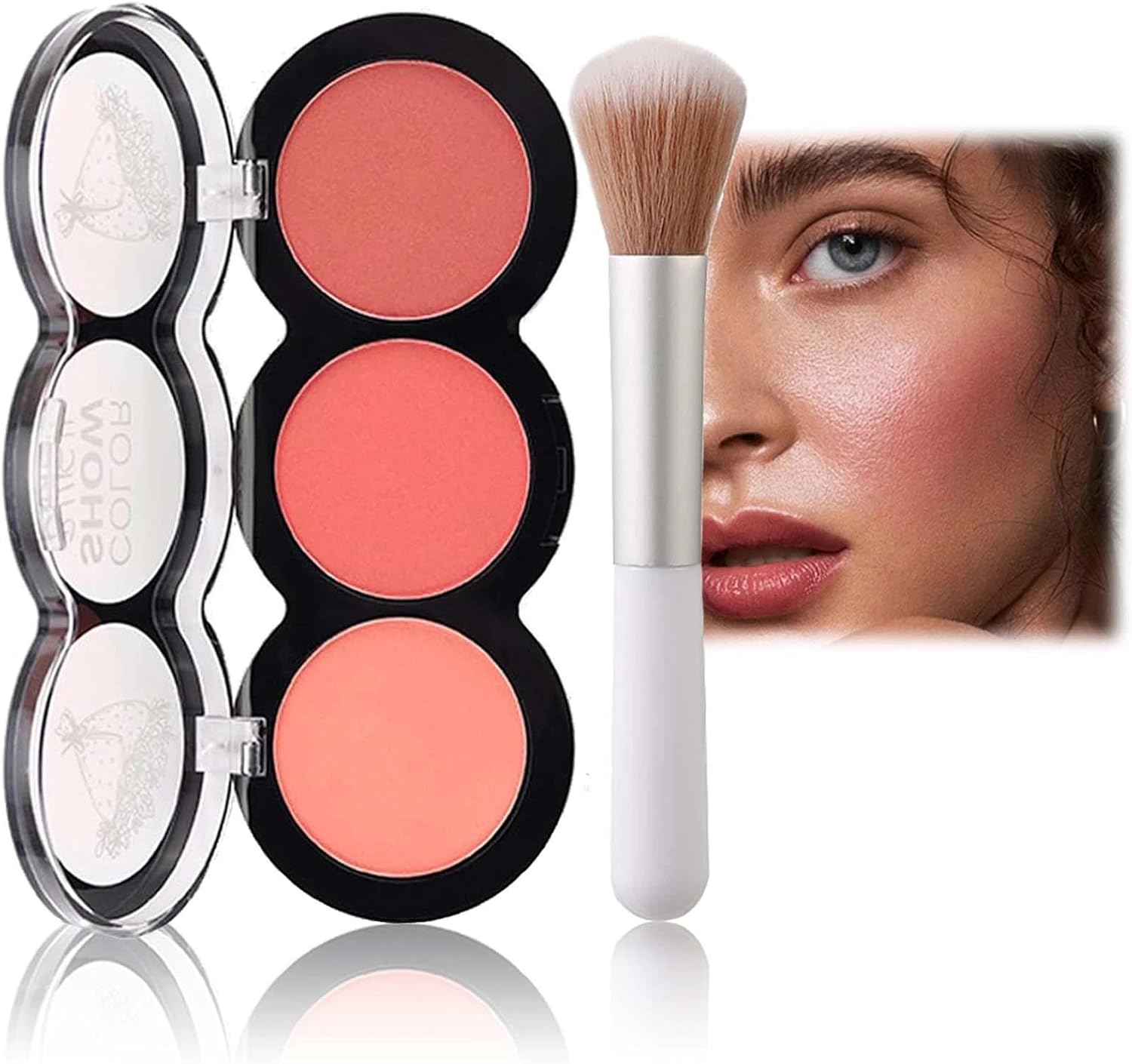 Tricolor Blush Palette with Fiber Brush - Natural-Looking & Long-Lasting Contour Makeup for Cheeks - Nude Fine Blush for Women - Skin-friendly & Easy to Blend Powder Blush