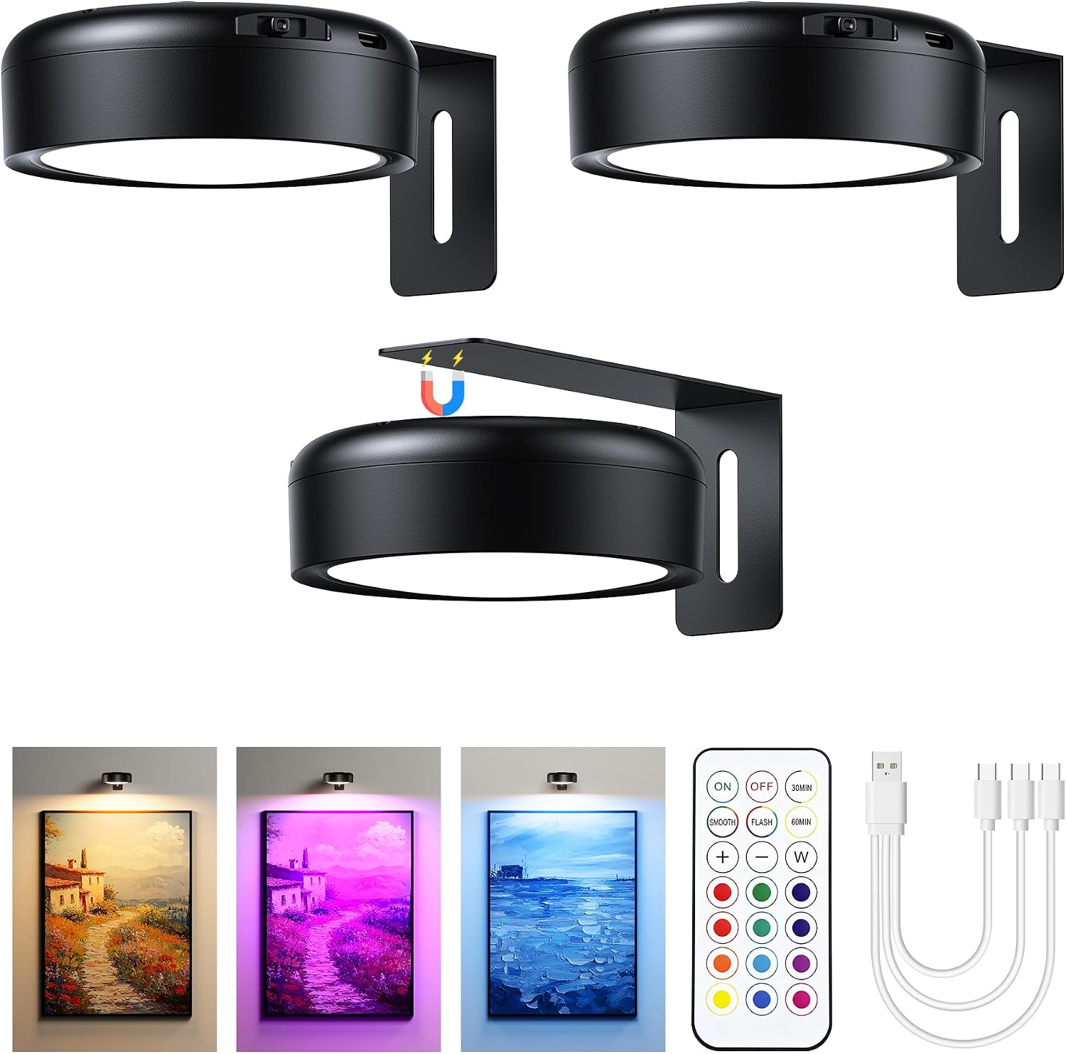 Bonsery 2000mAh RGB Picture Lights for Wall 3 Pack with Remote & Timer, 12 RGB Colours + Warm Light Magnetic Rechargeable Wall Lights, Wireless LED Art Display Lighting Dimmable for Paintings, Black