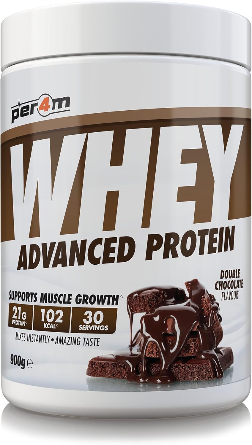 Per4m Whey Protein Powder | High Protein Shake for Muscle Growth & Recovery | Low Sugar Gym Supplement | Sports Nutrition Drink + Amino Acids (900g, Double Chocolate)