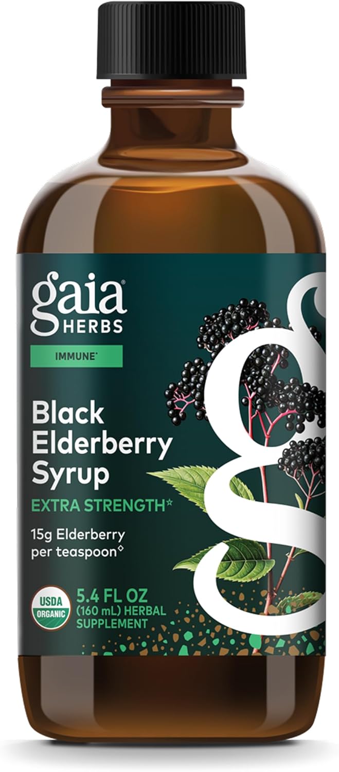 Gaia Herbs Black Elderberry(Sambucus Nigra)Syrup Extra Strength-Immune Support Supplement-Made with Organic Black Elderberries for Immune System-USDA Certified Organic Formula-5.4 Fl Oz(32-Day Supply)