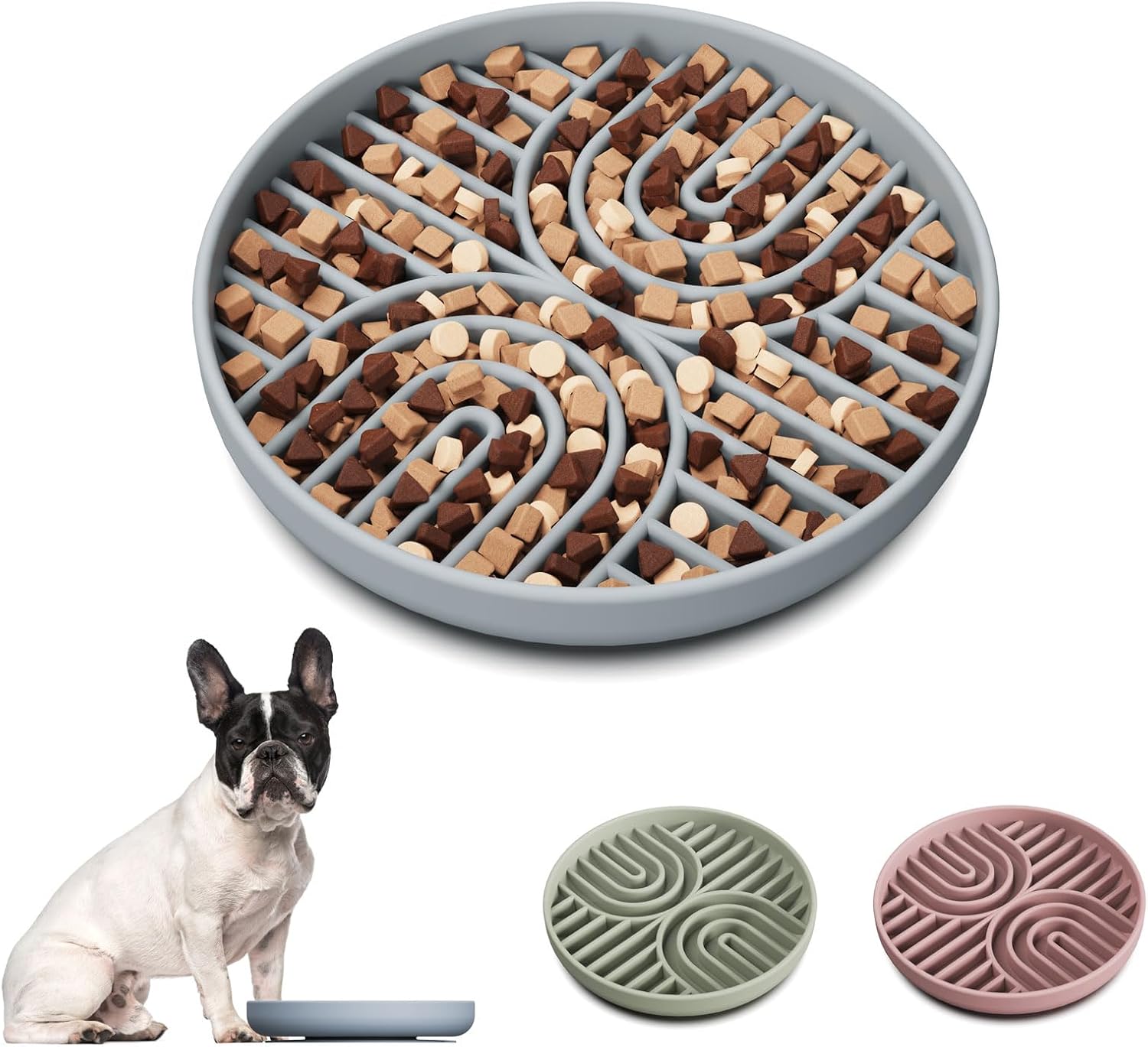 Slow Feeder Dog Bowls, Silicone Slow Feeder for Dogs & Puppies, Dog Puzzle Bowl with Suction Cup for Anxiety Relief, Slow Eating, Dishwasher Fit, for All Breed, Gey