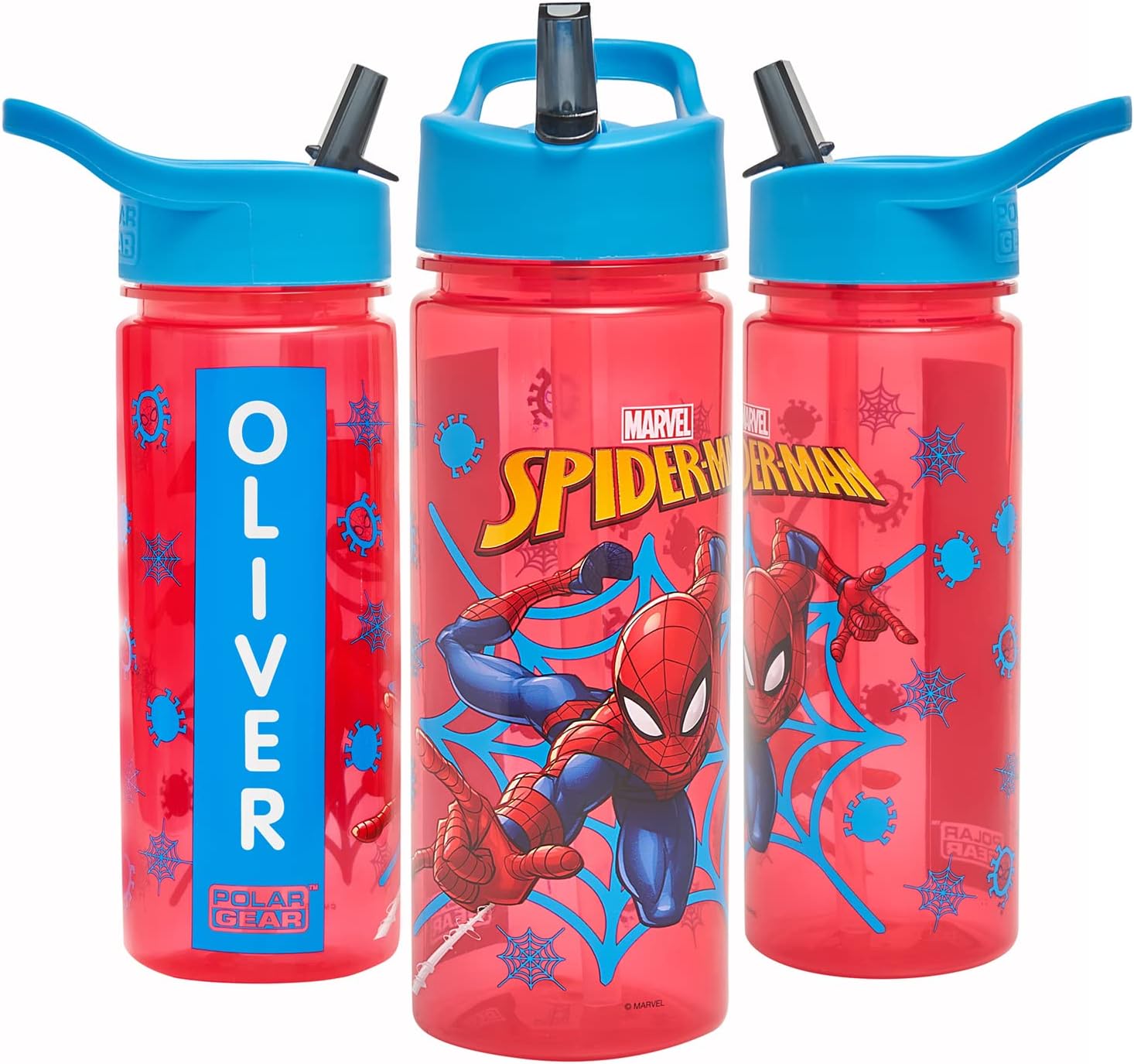 Marvel Spider-Man Personalised Sticker Water Bottle with Straw 500ml – Official Merchandise by Polar Gear Kids Reusable Non Spill BPA Free Tritan – Ideal For School Nursery Sports Picnic , Red & Blue