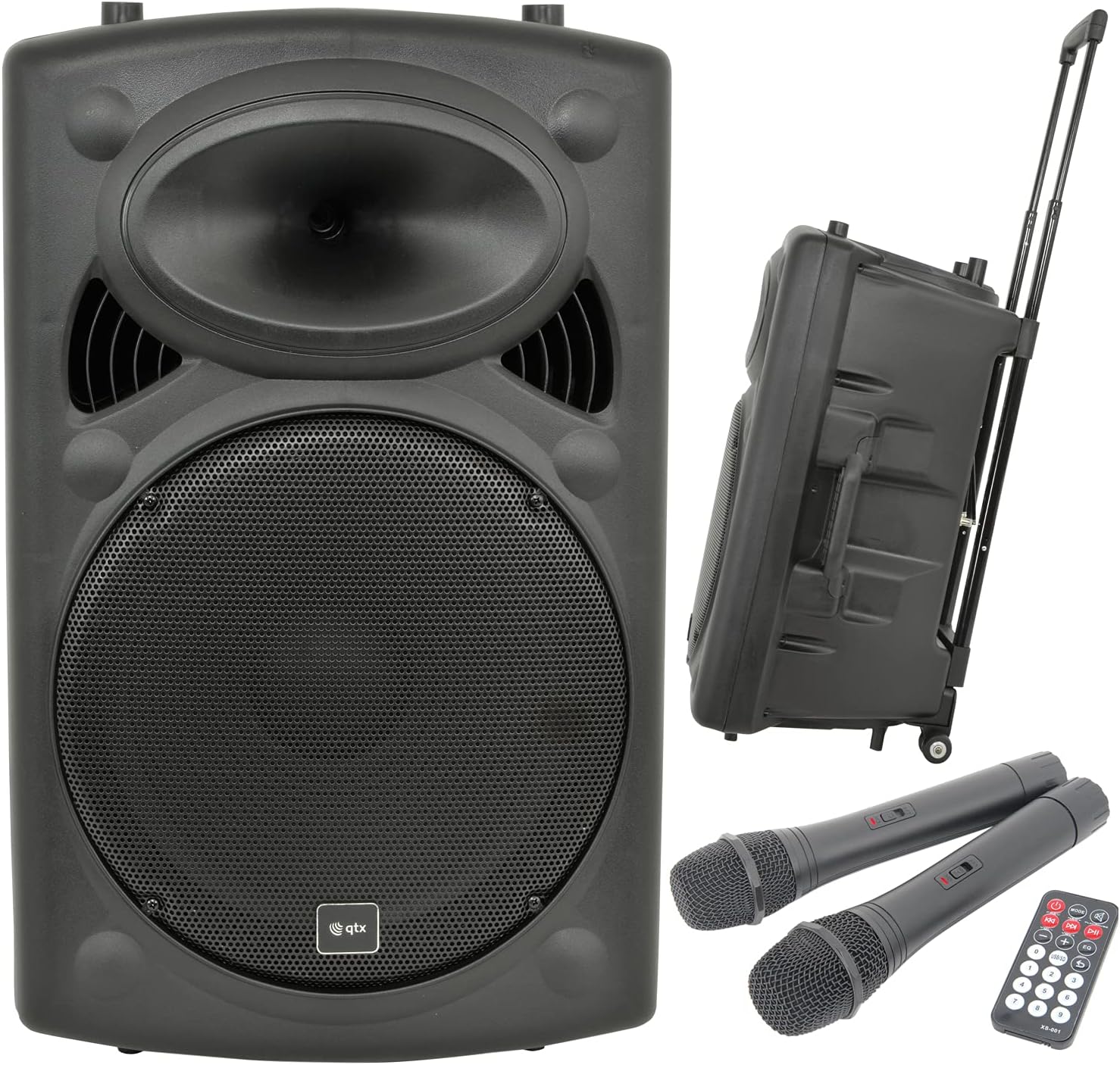 QTX | QR15BT PA: Powerful Portable PA with Bluetooth Connectivity, Two Wireless Mics, Internal Rechargeable Battery, Trolley Handle and Wheels