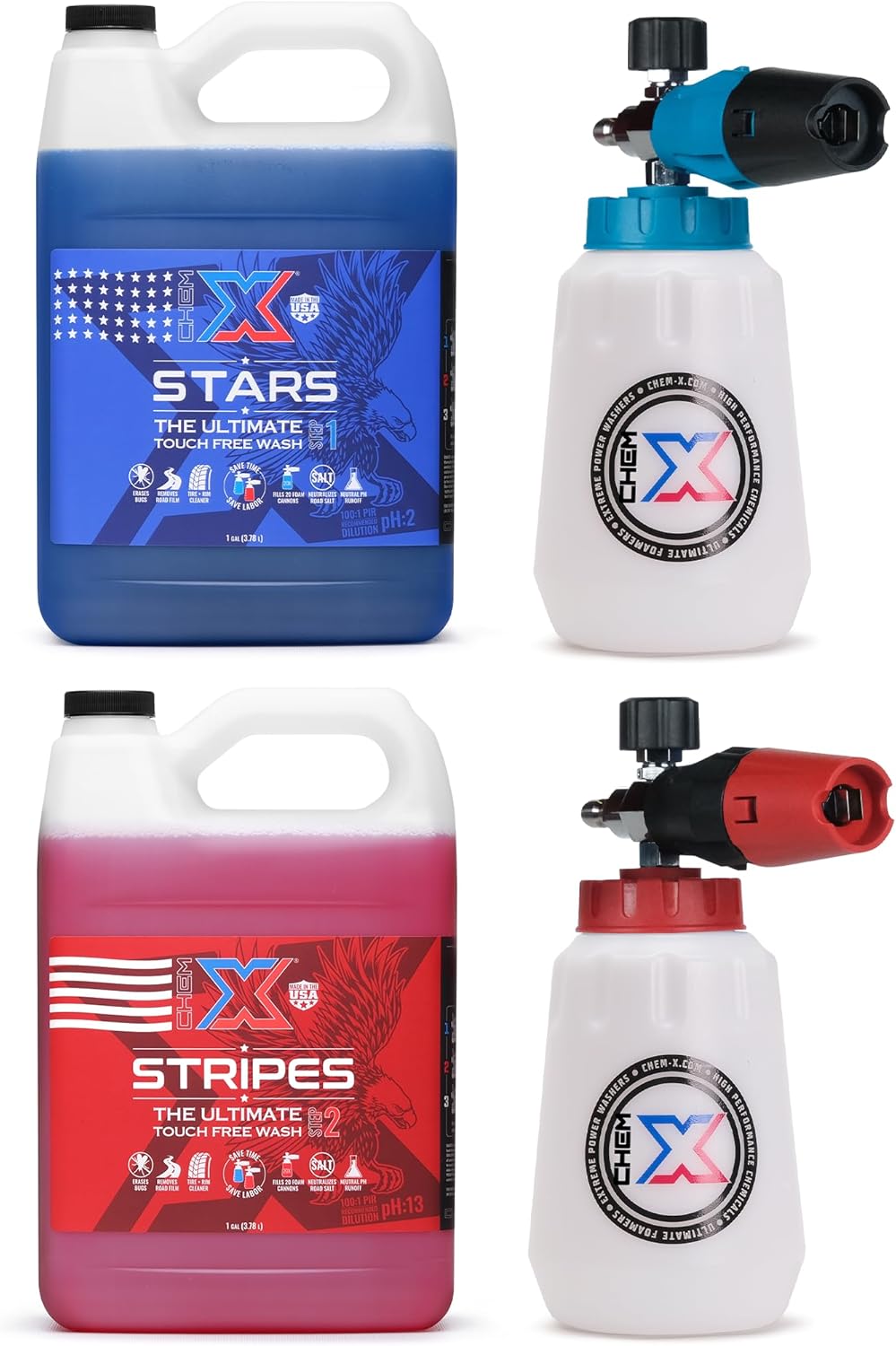 Chem-X: Stars and Stripes Ultimate Touch Free Vehicle Wash Chrome Foam Cannon Kit (1 Gallon Stars + 1 Gallon Stripes)