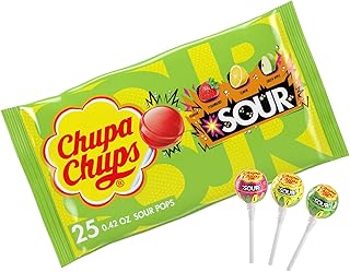 Chupa Chups SOUR Lollipops, Lemon, Strawbery, and Apple Flavored Individually Wrapped Sour Candy Suckers, Bag of 25
