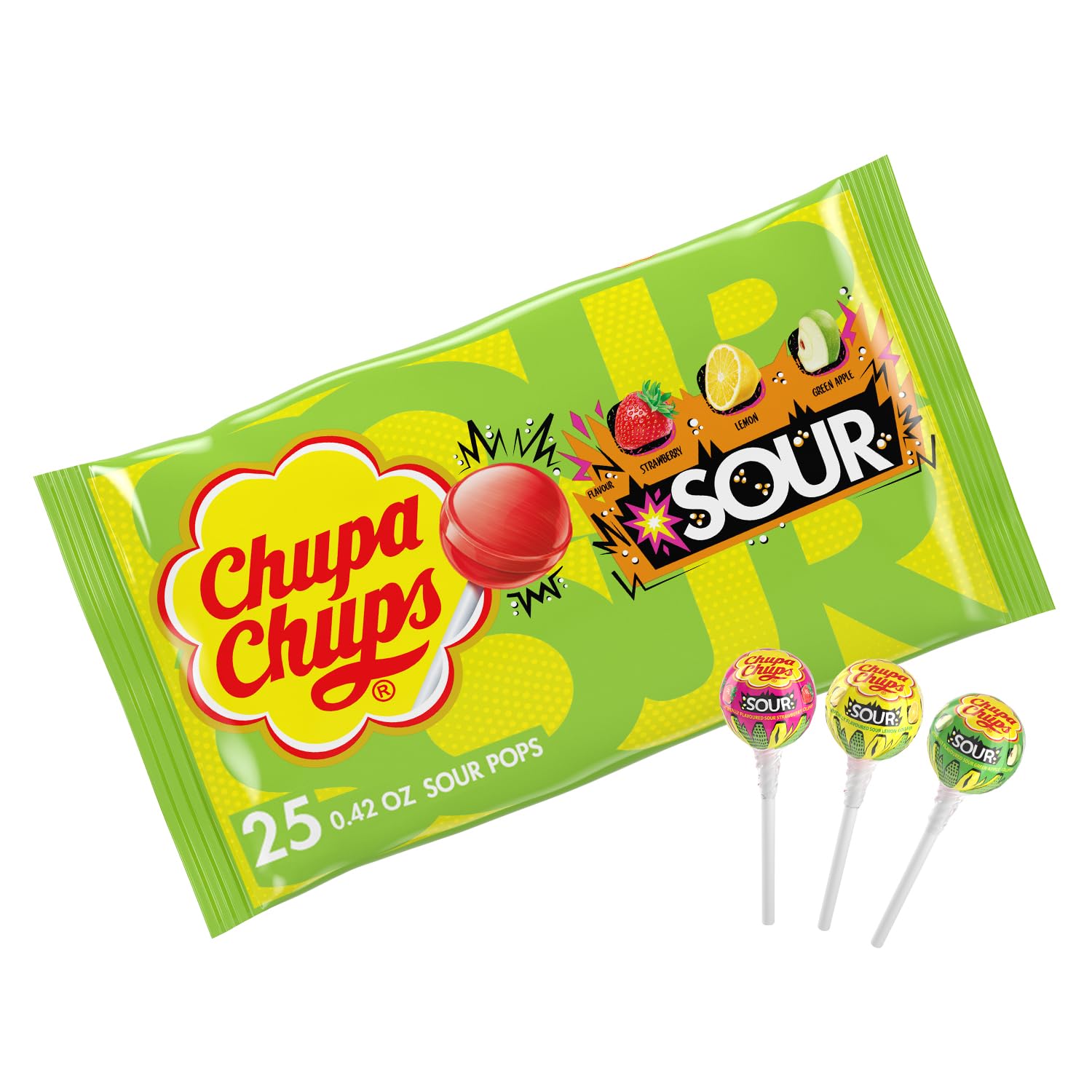Chupa Chups SOUR Lollipops, Lemon, Strawbery, and Apple Flavored Individually Wrapped Sour Candy Suckers, Bag of 25