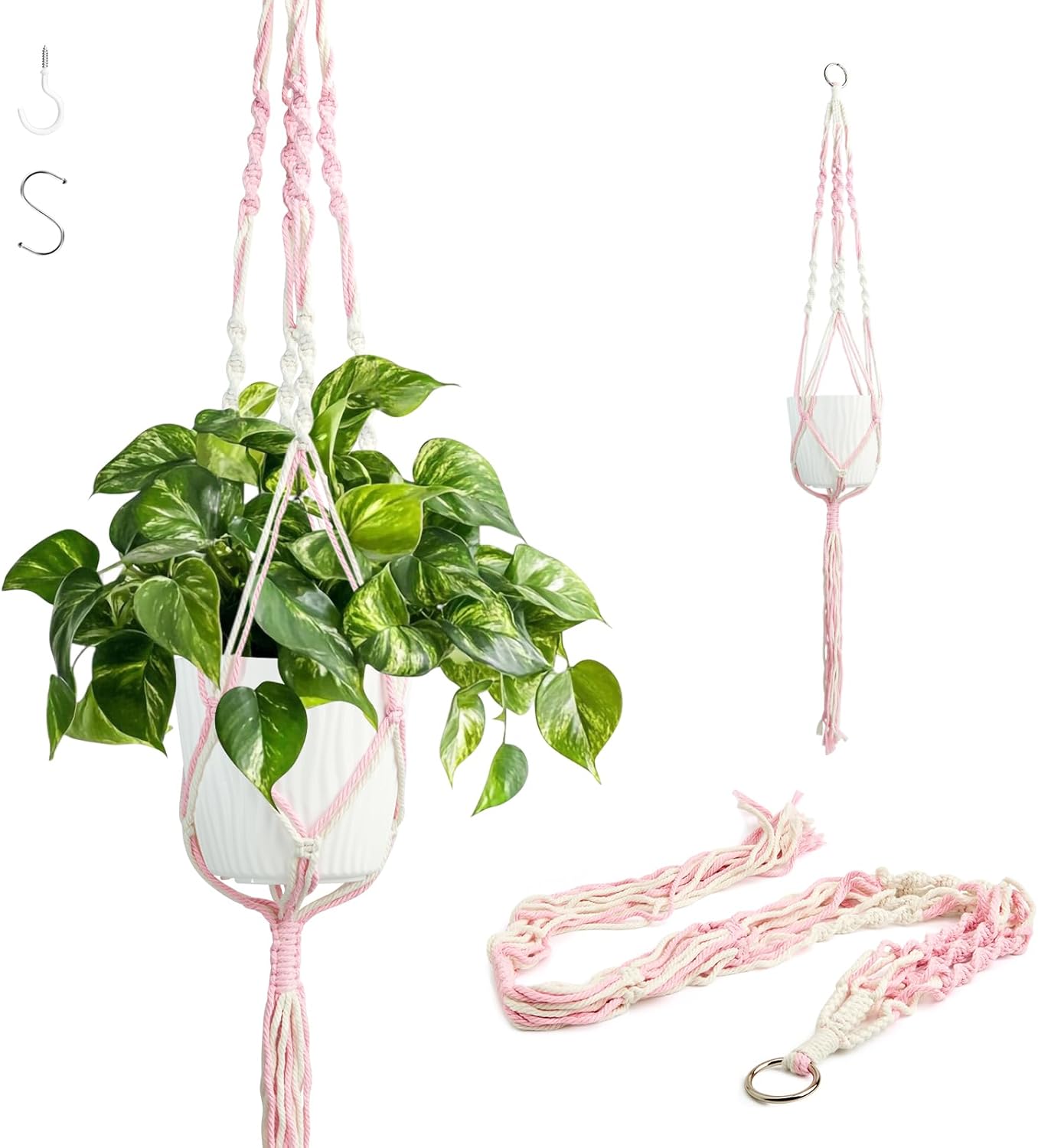 XXXFLOWER Macrame Plant Hanger with Hooks Handmade Woven Cotton Rope,Hanging Planter Basket String for Indoor Outdoor Boho Decor,Set of 1(Pots and Plants NOT Included)