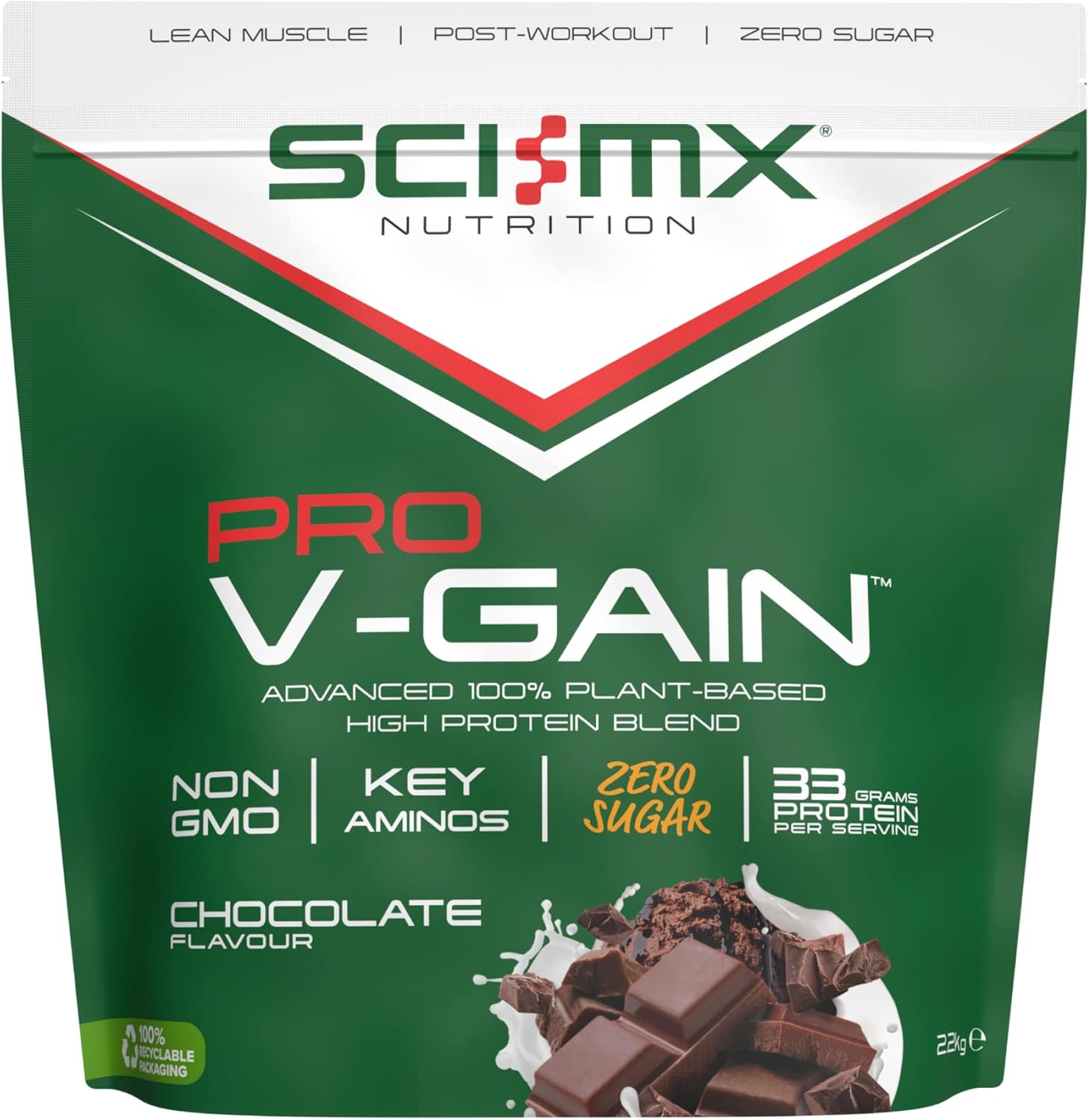 SCI-MX Pro-V Gain - 100% Vegan Chocolate Flavour Soy Protein Powder Isolate + B12 + Magnesium - Muscle Growth & Maintenance - Sugar Free, Non-GMO - 2.2KG (49 servings) 33g of protein per serving