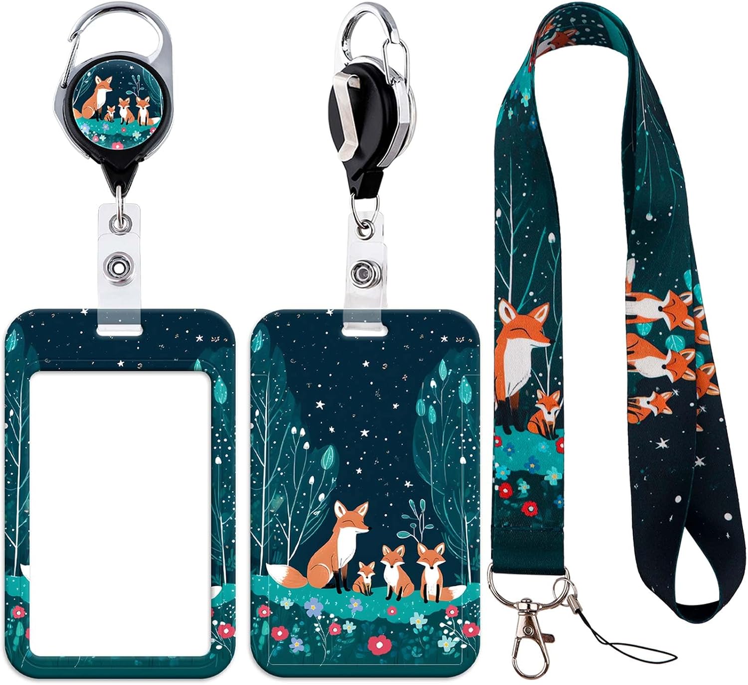 Fox Retractable Lanyard Card Holder Set with Stylish Design - Durable, Reusable Badge Holder with Neck Strap for ID Cards, Access Cards, Work Badges (3 in 1)