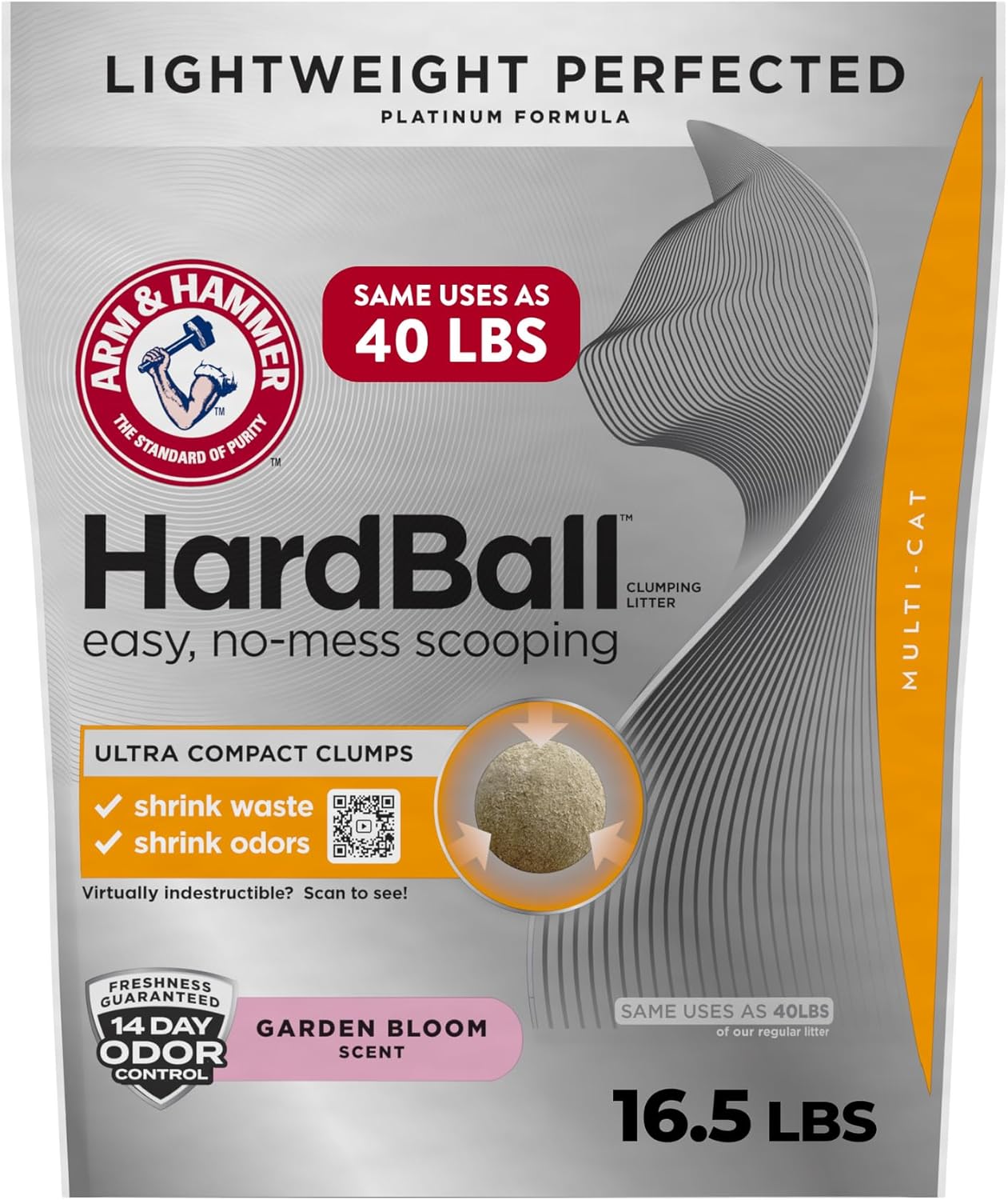 ARM & HAMMER Hardball Lightweight Platinum Multi-Cat Clumping Cat Litter Odor Control, Easy No-Mess Scooping, Garden Bloom Scent, 16.5 Lbs.