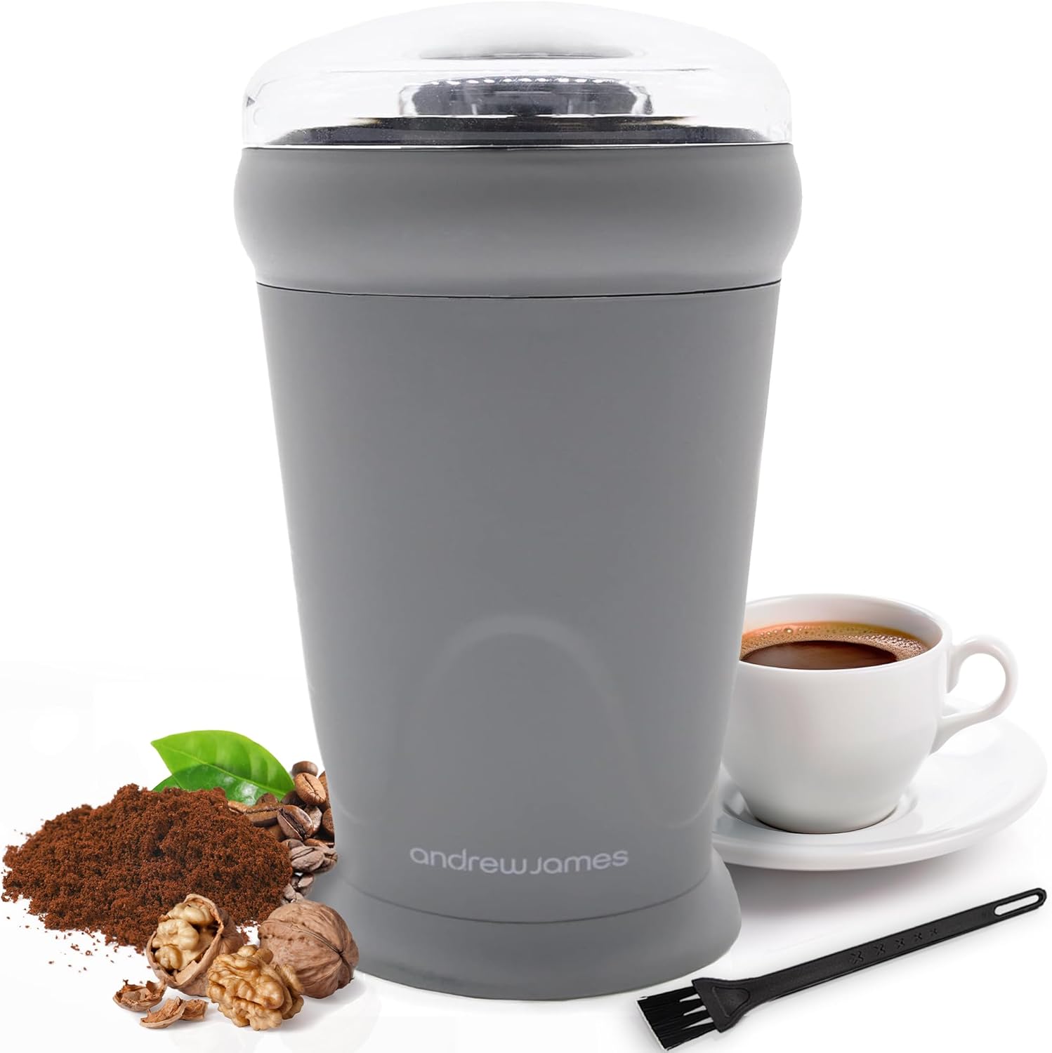 Andrew James Electric Coffee Grinder, Bean, Nut & Spices, Powerful Compact Coffee Bean Grinder for Home Kitchen, One Touch Operation 150w with 70g Basin, Includes Cleaning Brush (Grey)