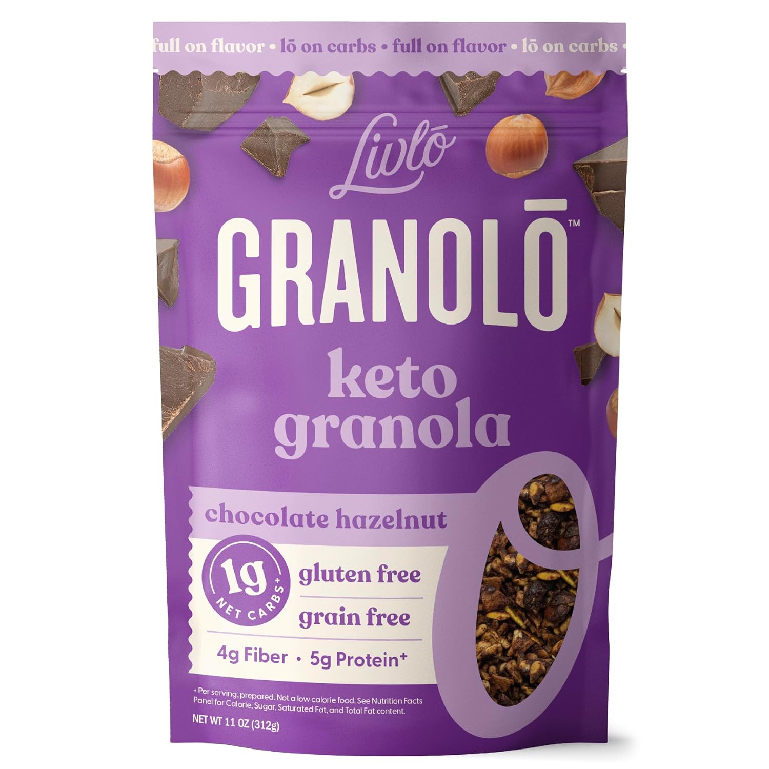 Livlo Keto Granola Cereal - 1g Net Carbs - Grain Free & Gluten Free Cereal - Low Carb Keto Snacks & Food - Ketogenic, Paleo & Diabetic Friendly - Chocolate Hazelnut, 11oz