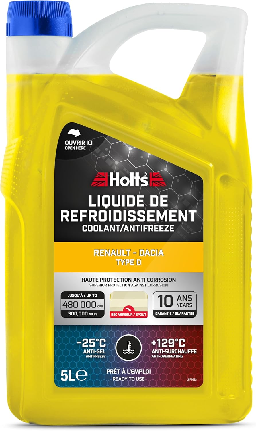 Holts HAFR0004B Antifreeze Coolant Renault Dacia Type D with spout 10-year 300k mile long life, protection to -25°C, Yellow, 5 Litre