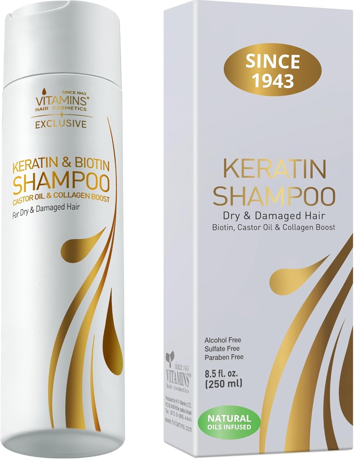 Vitamins Keratin Sulphate Free Shampoo - Biotin Collagen and Coconut Oil Protein Repair Treatment for All Hair Types, Coloured Dry & Damaged Hair - Frizz Control for Curly Wavy or Straight Locks