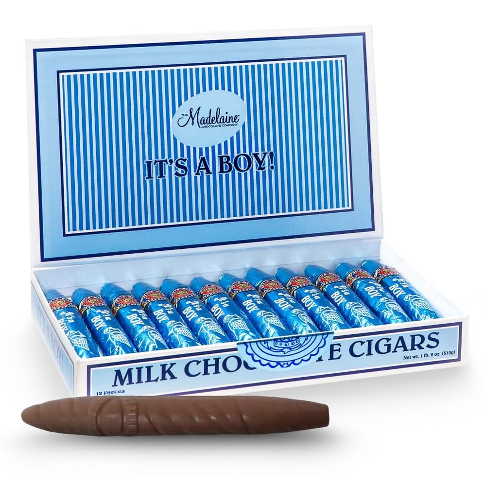 Madelaine Solid Premium Milk Chocolate It's a Boy Baby Shower Favors Gift Box - Made with Cocoa Bean & Swiss-Formulated Chocolate - 12 Count Individually Wrapped in an Elegant Hard Box