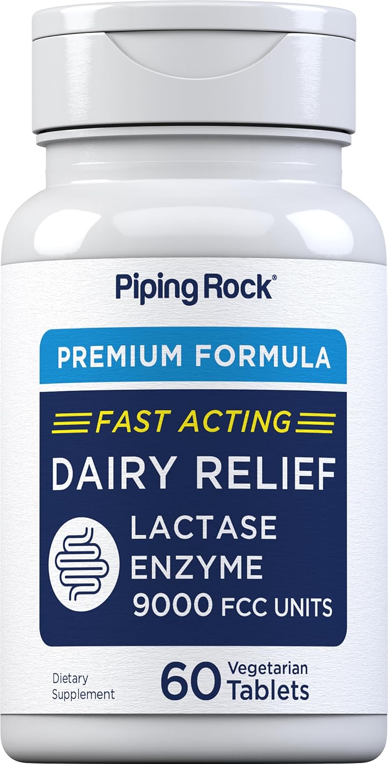 Piping Rock Dairy Relief Lactase Enzyme Tablets | 9000 FCC | 60 Pills | Fast Acting Supplement | Vegetarian, Non-GMO, Gluten Free