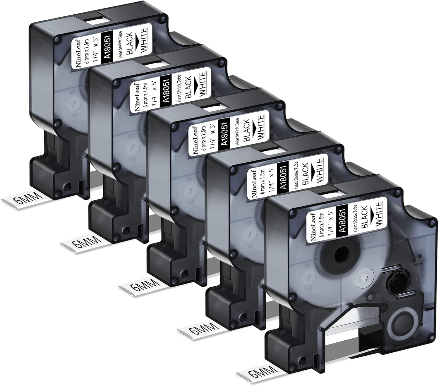 NineLeaf 5X Compatible for Dymo Rhino 18051 S0718260 Tape Black on White IND Heat Shrink Tube 1/4'' 6mm x 1.5m for Wires Cables in Rhino 3000 4200 5000 5200 6000 Tyco T107M Industrial Label Maker