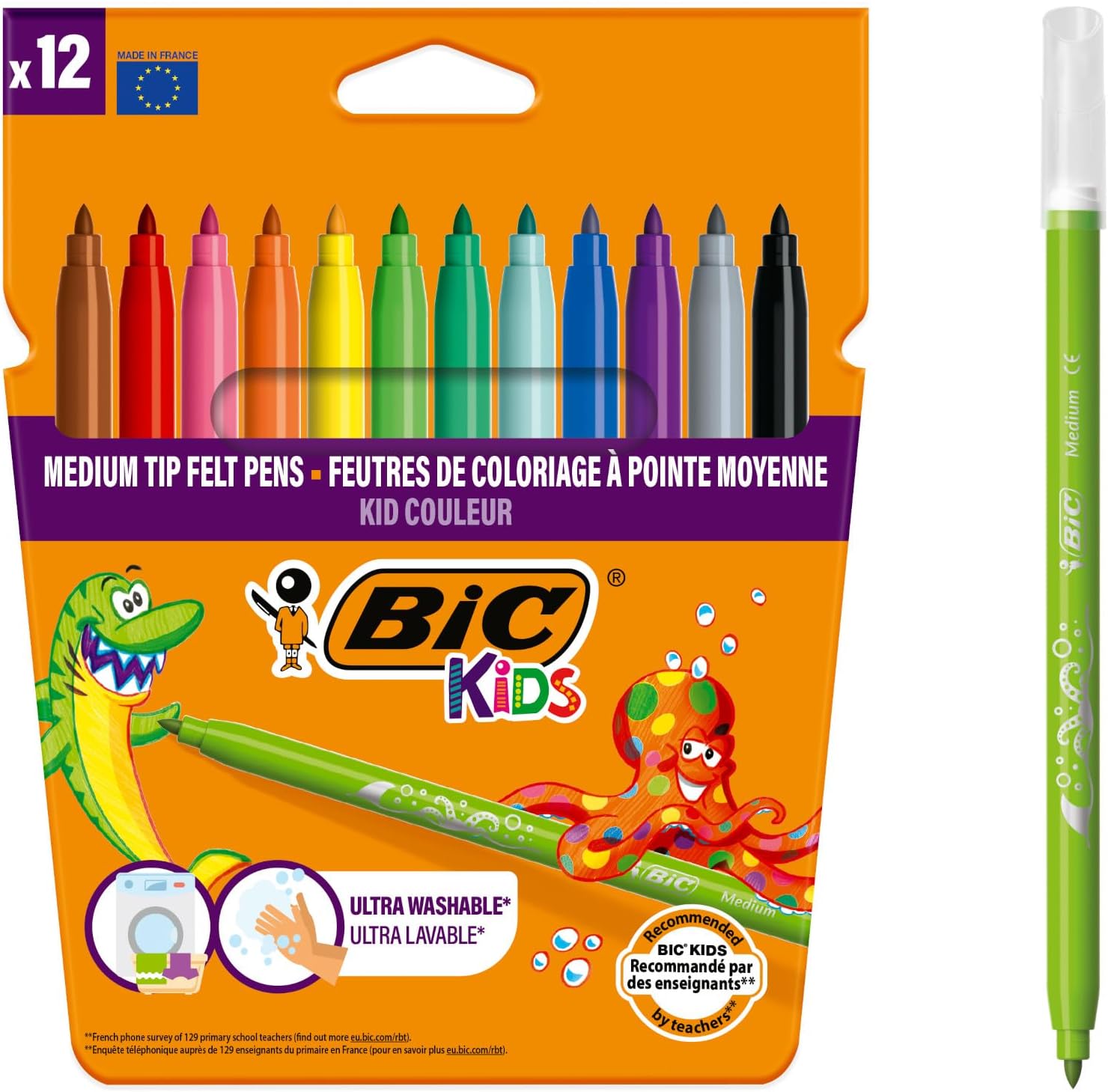 BIC Kids Felt Tip Pens, Kid Colour with Medium Blocked Tip, Vivid Colouring Pens, Washable Markers, Back to School Supplies, 12 Pack