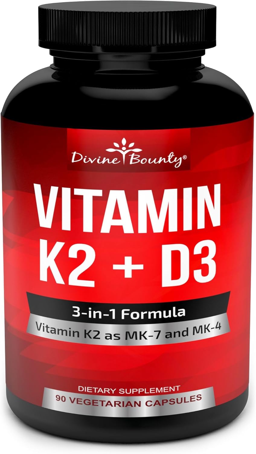 Vitamin K2 (MK7 & MK4) with D3 Supplement - Vitamin K & D as MK-7 100mcg, MK-4 500mcg, and 5000 IU Vitamin D3 3-in-1 Formula - Bone and Heart Support - 90 Non-GMO Vegetarian Capsules