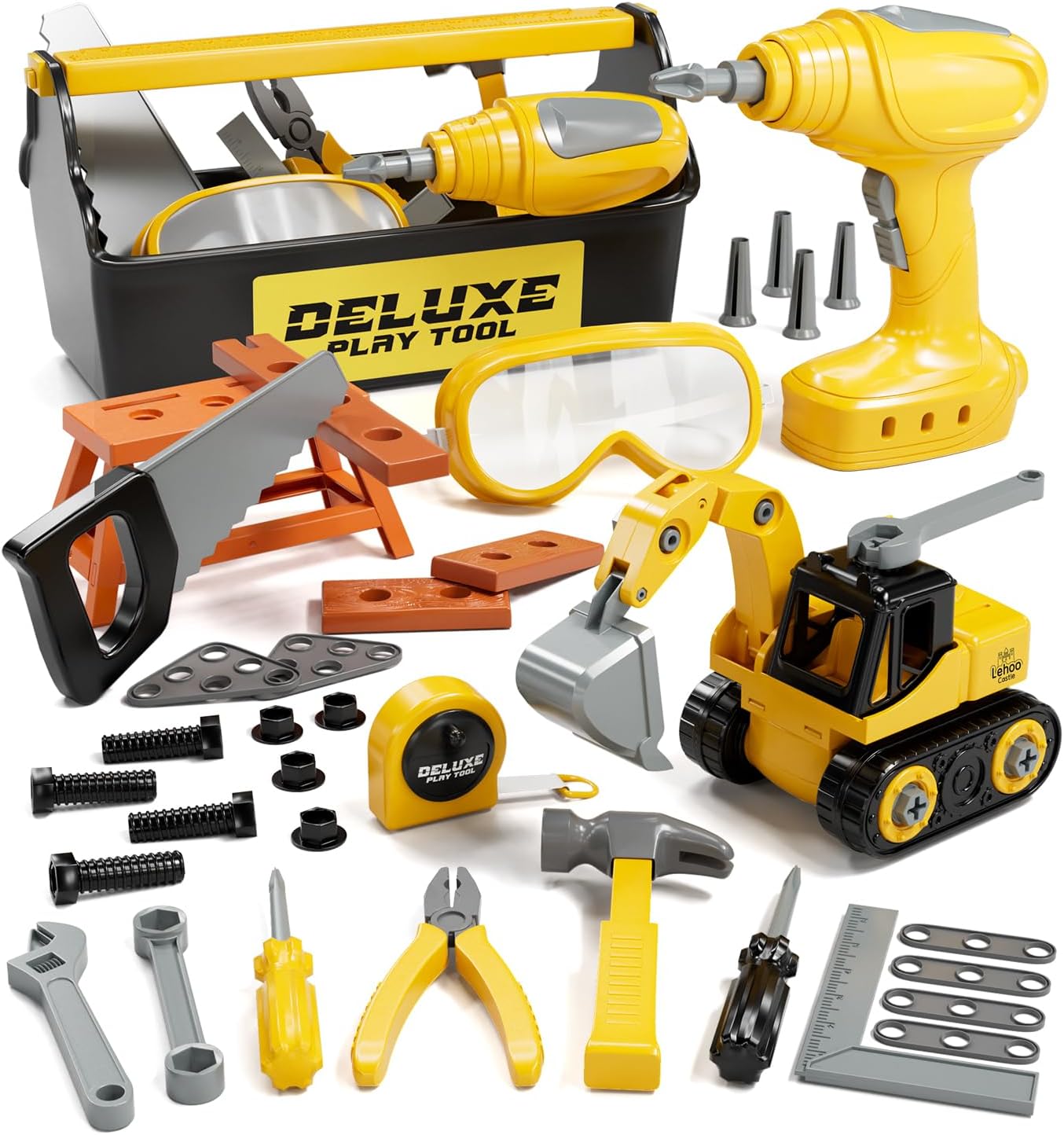 Lehoo Castle Montessori Kids Tool Box Set Toy for 3 4 5 Years Old, Boy Gift with Electric Drill& Mini Workbench& Take Apart Construction Vehicles, Pretend Play Kids Toys for Boys Girls