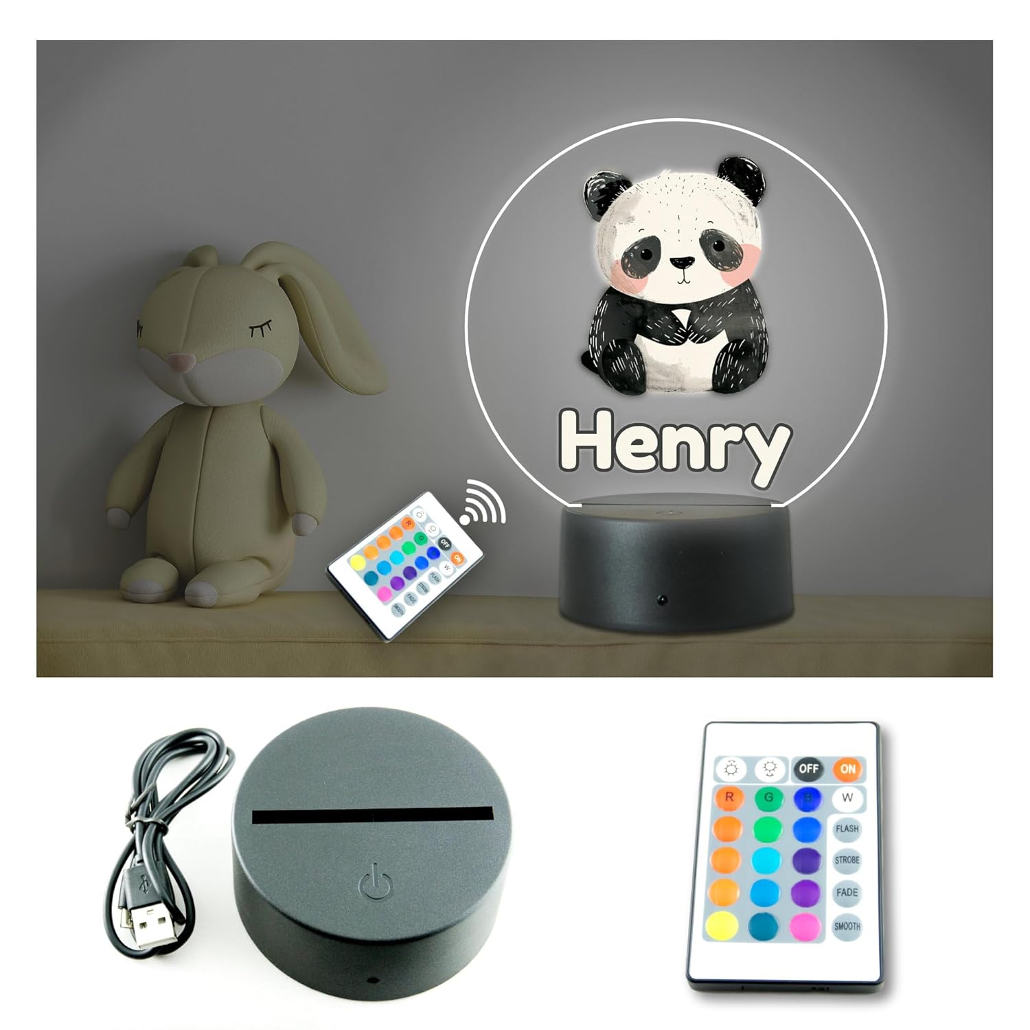 Personalised Any Name Cute Panda Night Light. LED Neon. 16 Colour changing with Remote Control. For Nursery, Kids Bedroom