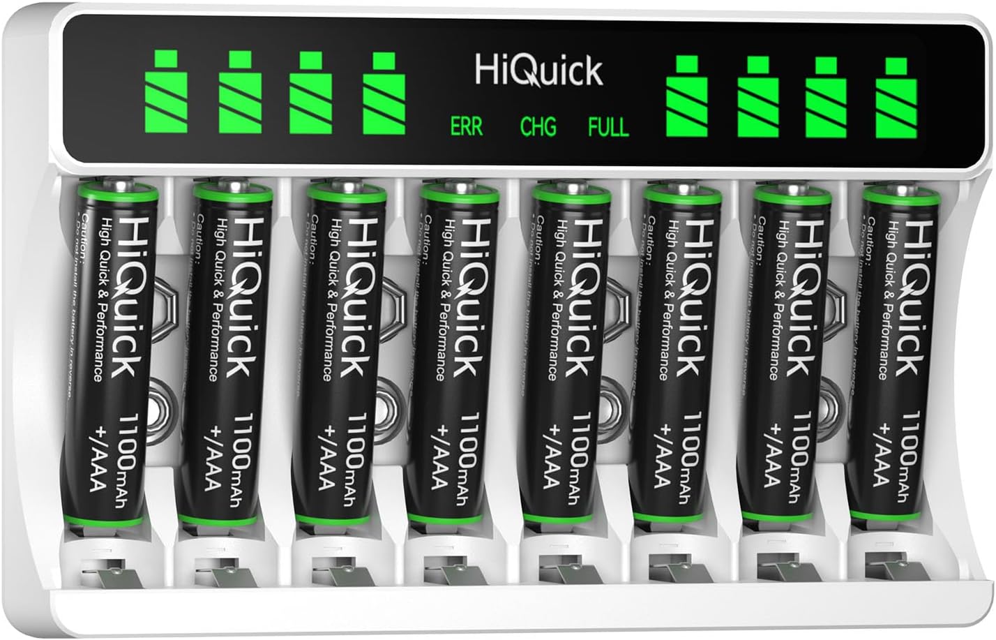HiQuick 8-slot AA AAA LCD Battery Charger, 5V 2A Fast Charging Function, Type C and Micro USB Input, with 8 x 1100mAh AAA NI-MH Rechargeable Batteries, Battery and Charger Set