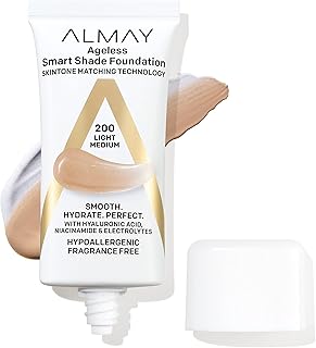 Almay Anti-Aging Foundation, Smart Shade Face Makeup with Hyaluronic Acid, Niacinamide, Vitamin C & E, Hypoallergenic-Fragrance Free, 200 Light Medium, 1 Fl Oz (Pack of 1)