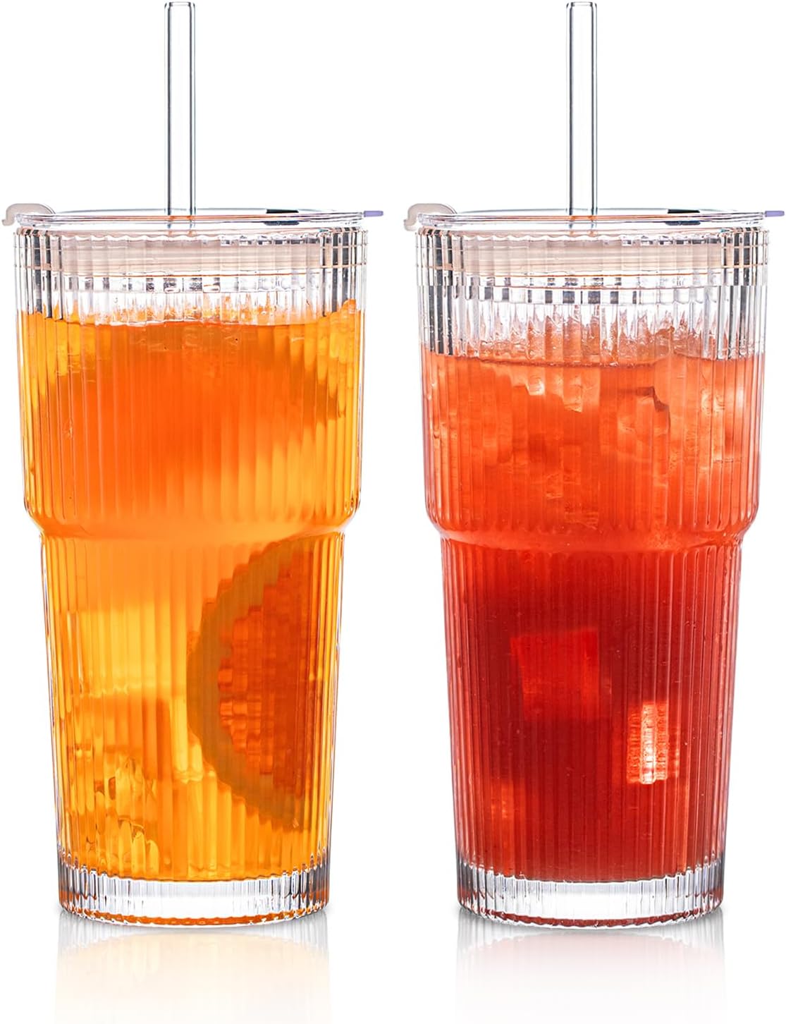 INSETLAN 2PCS 600ML Ribbed Glass Tumblers with Lids and Glass Straws, Leakproof Glass Cups, Coffee Glasses, Iced Coffee Cup, Glass Tumbler with Straw and Lid for Iced Coffee, Cocktail, Tea, Smoothie
